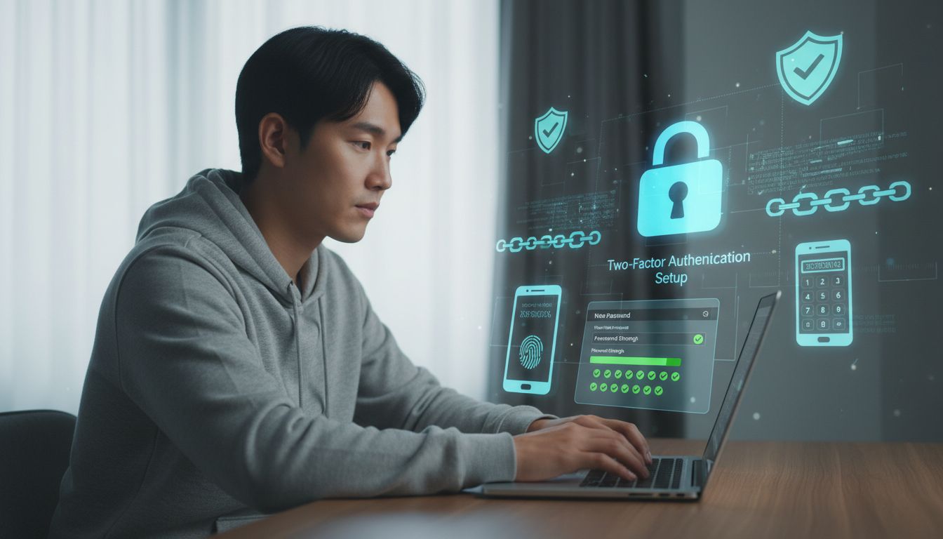 비밀번호를 변경하며 2단계 인증 보안 설정을 하는 한국인 남성