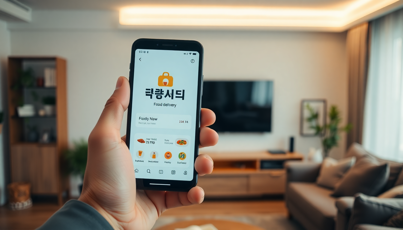 스마트폰으로 배달의민족 앱을 사용하는 손과 흐릿하게 보이는 TV 배경