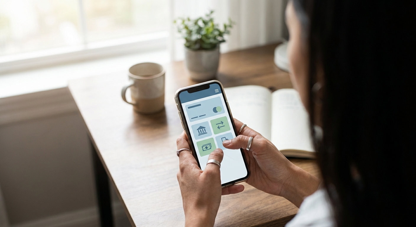 생계비통장 혜택 비교 및 최적 은행 선택 가이드 2 아늑한 홈 오피스 책상에서 한 한국인 성인의 손이 일반적인 모바일 뱅킹 앱 인터페이스를 보여주는 스마트폰 화면을 탭하는 어깨 너머 하이 앵글 샷