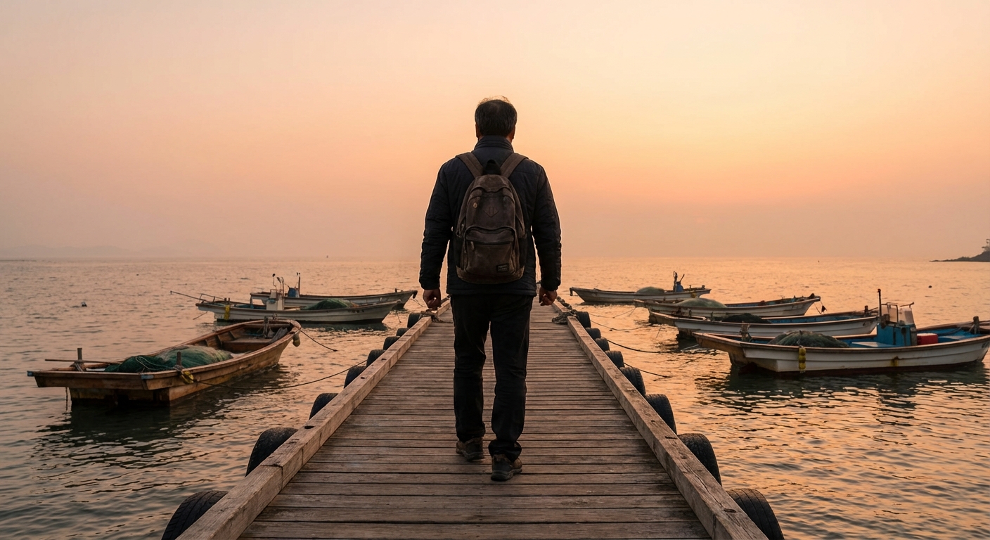 화성 궁평항의 나무다리 위를 걷는 사람과 정박된 어선들