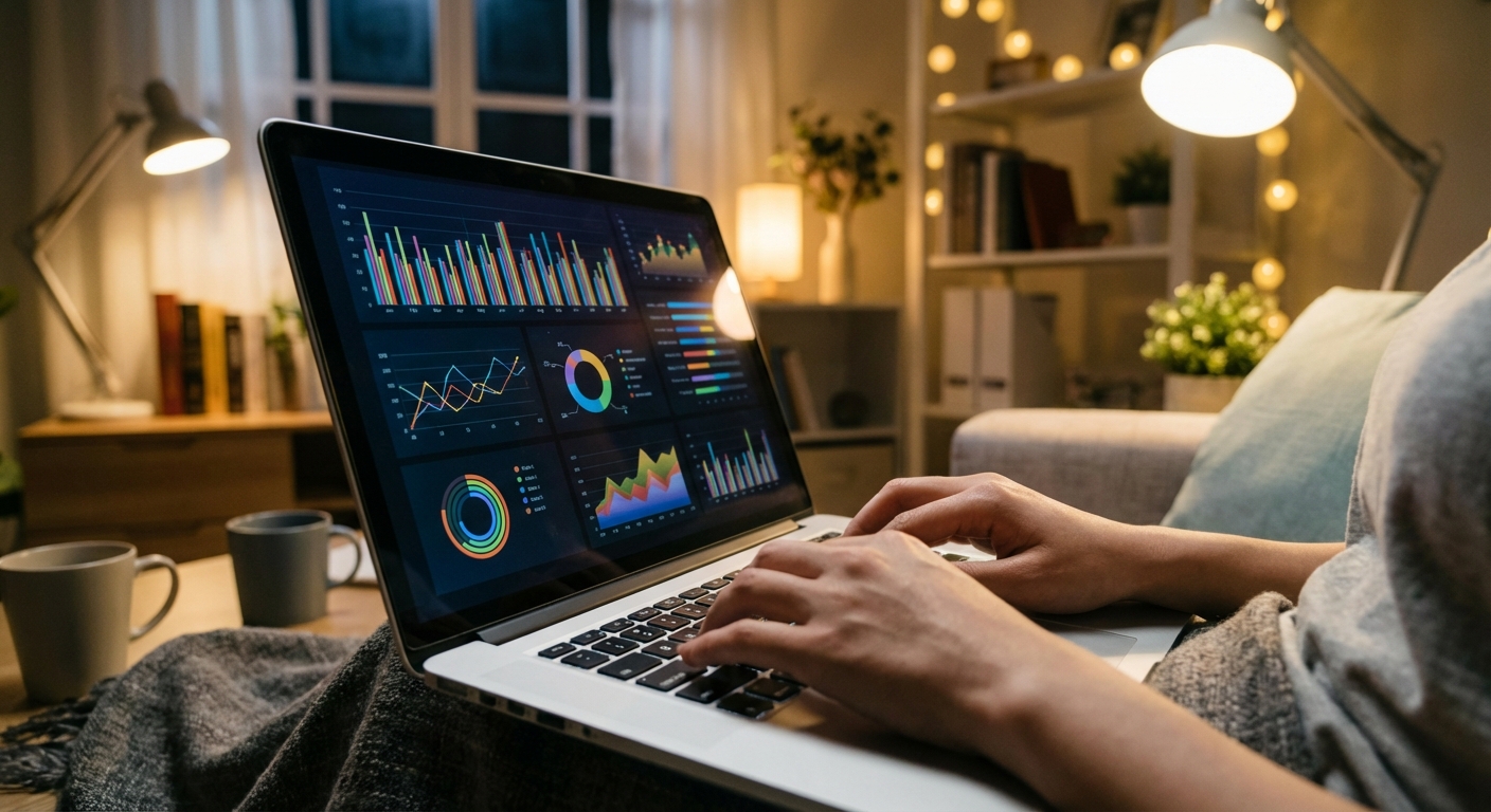 집에서 노트북으로 여러 보험사의 운전자 보험 상품을 비교하고 있는 사람.