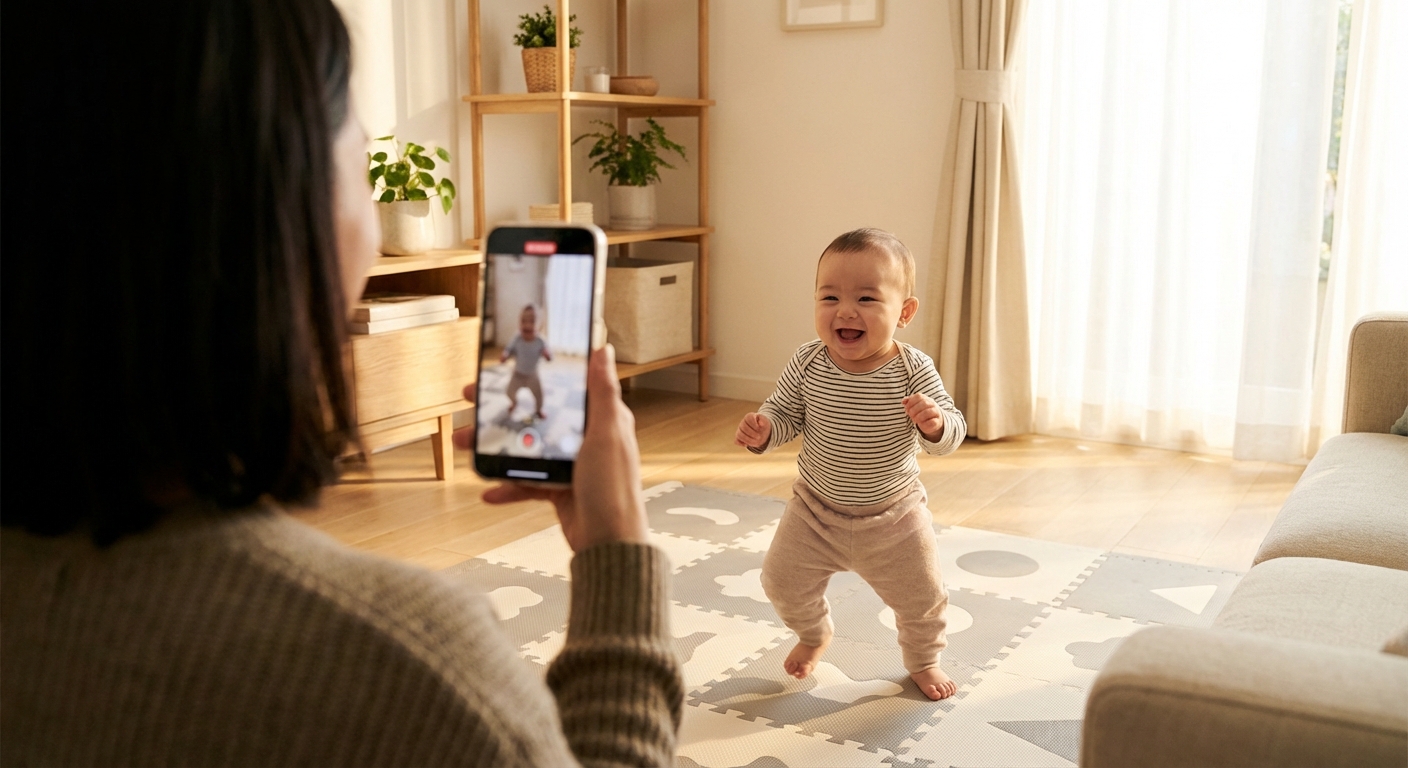 한 한국인 부모가 스마트폰으로 매트 위에서 춤추는 아기를 촬영하고 있는 모습