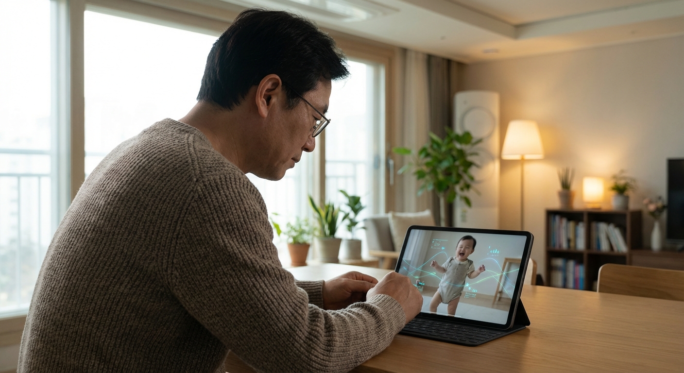 한 한국인 성인이 태블릿 화면에서 AI 기술로 만들어진 아기 성장 영상을 집중해서 보고 있는 모습