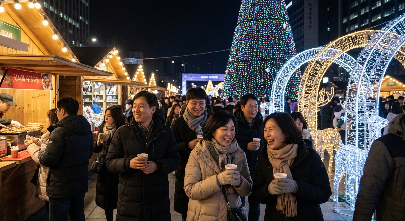 야외 크리스마스 마켓에서 화려한 조명과 대형 트리 아래 즐거운 시간을 보내는 한국인 성인들.