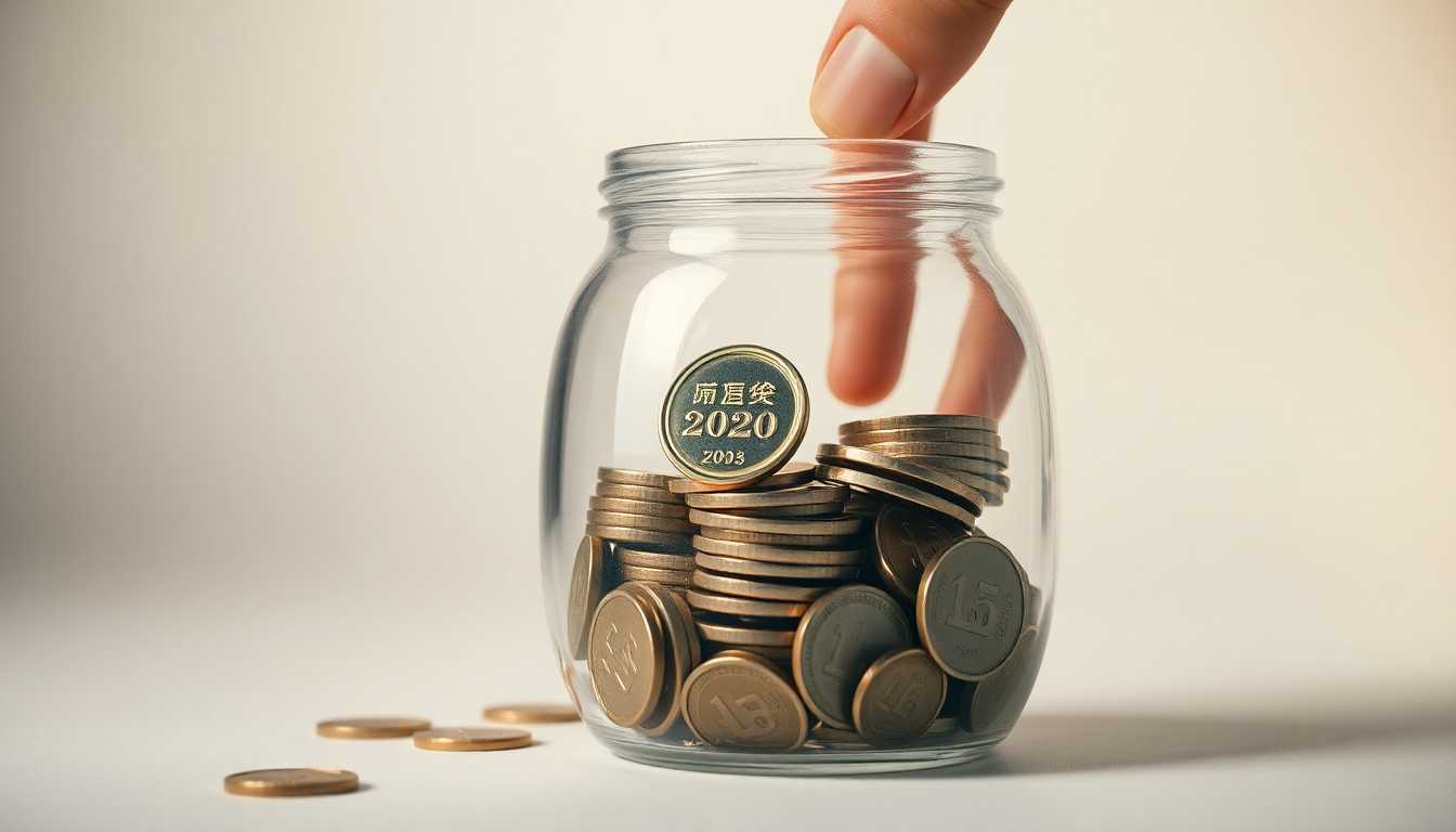 반짝이는 동전으로 가득 찬 투명한 유리병에 한 손이 동전을 추가로 넣고 있는 모습.