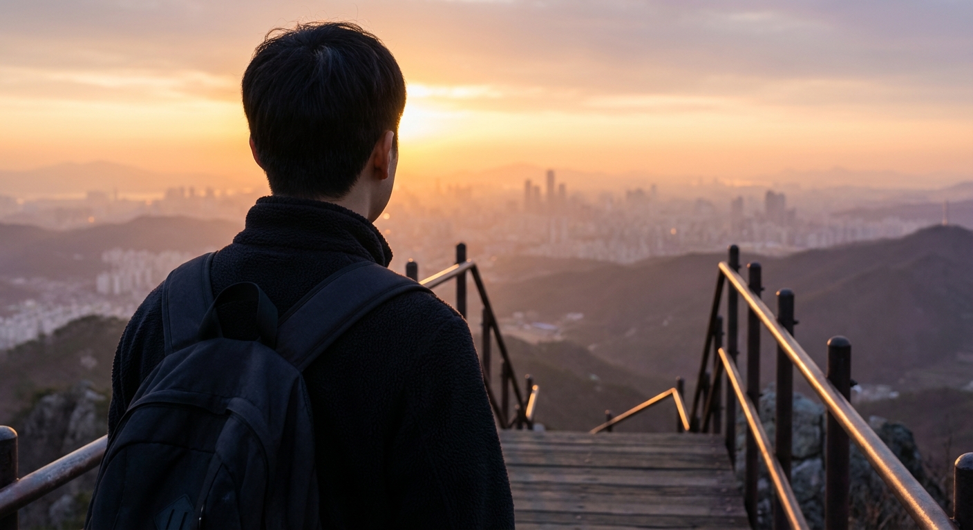 서울 근교 산 정상에서 한국 성인이 도시를 바라보며 해돋이를 감상하는 모습