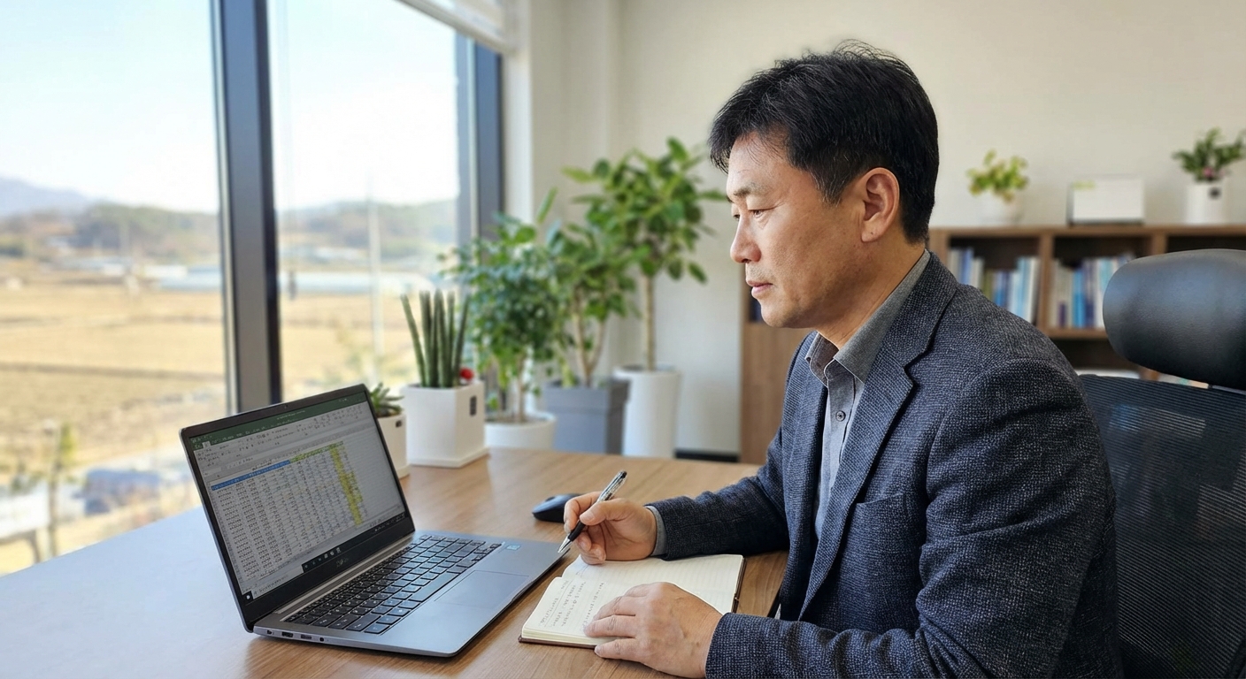 비수도권 중소기업 대표가 노트북으로 재무제표를 검토하며 사업 확장을 계획하는 모습.
