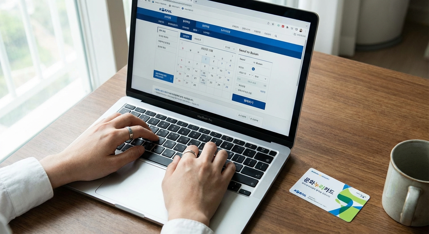 나무 책상 위에서 노트북으로 기차표를 예매하는 손. 노트북 옆에는 문화누리카드가 놓여 있다.