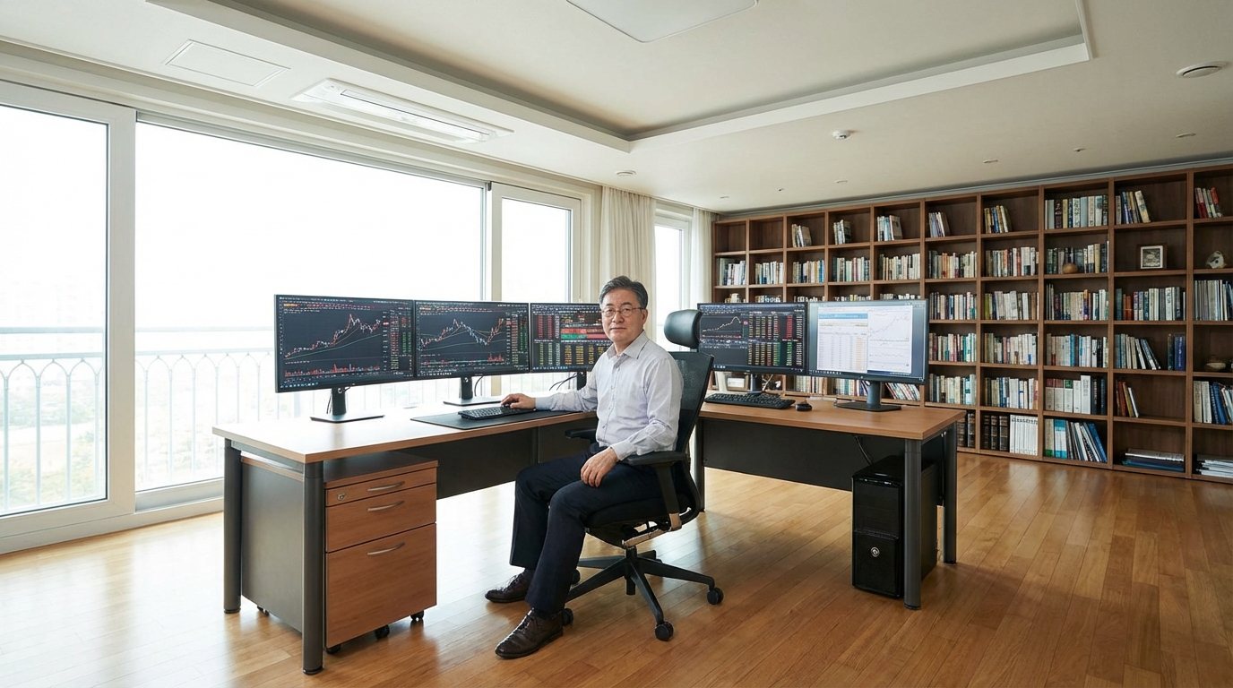 여러 모니터에서 투자 포트폴리오를 확인하며 미래 계획을 세우는 한국 성인