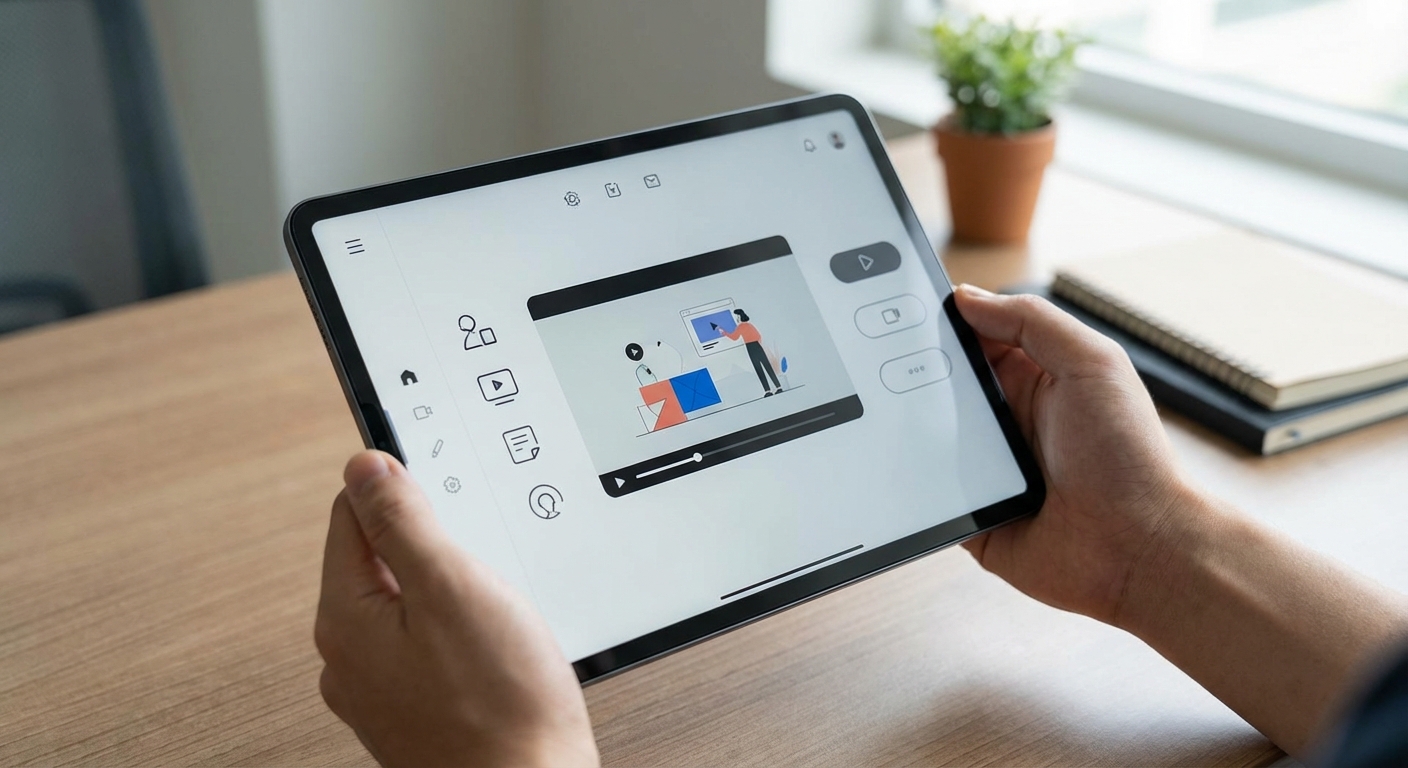 한글 성인이 태블릿으로 AI 영상 제작 서비스를 이용하는 모습, 화면에는 AI 영상 편집 화면이 보임.