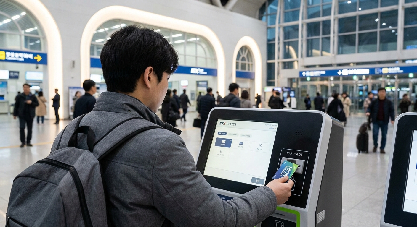 한 사람이 기차역의 무인 발권기에서 문화누리카드를 사용해 기차표를 구매하고 있는 뒷모습.