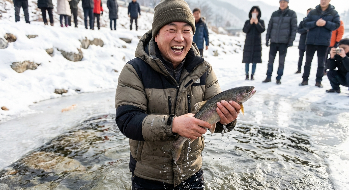차가운 물속에서 맨손으로 산천어를 잡아 올리며 즐거워하는 한국 성인 남성 또는 여성의 모습.