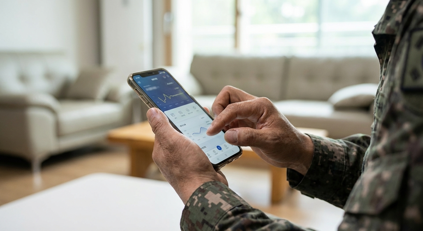 편안한 실내에서 부드러운 주변광 아래 스마트폰을 들고 저축 인터페이스가 있는 뱅킹 앱을 적극적으로 조작하는 한국 성인 남성 군인의 손을 담은 눈높이 샷, 얕은 심도 적용.