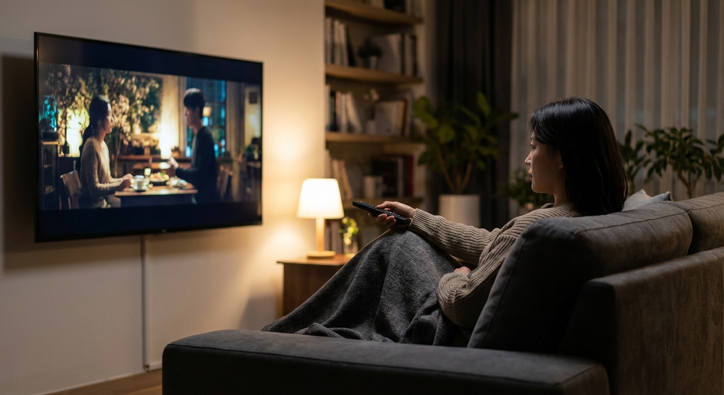 한국 성인이 현대적인 거실 소파에 편안하게 앉아 큰 TV 화면으로 고품질 영화에 깊이 몰입하여 시청하는 미디엄 샷.
