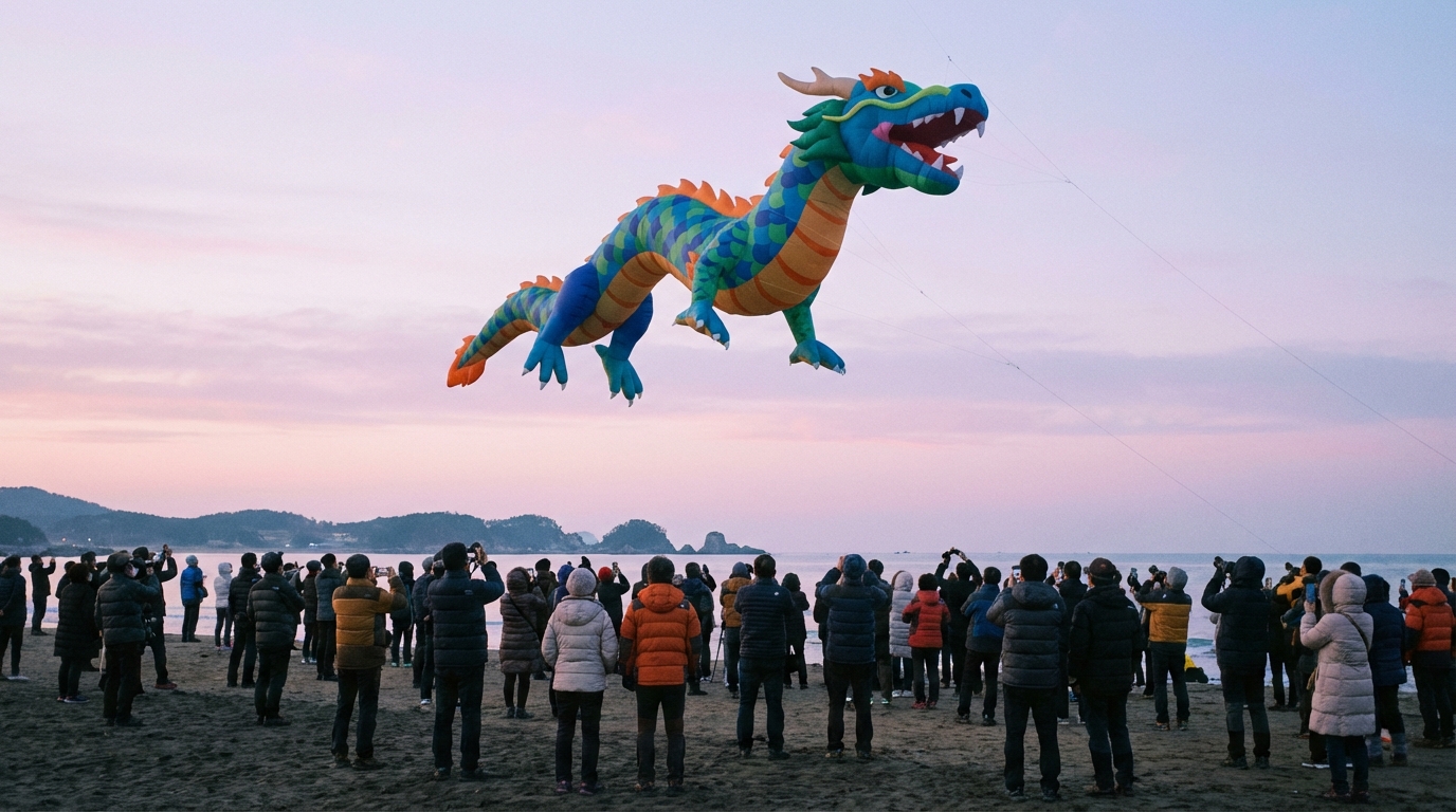 봉길 해변 위로 거대한 해룡 모양 풍선이 날아오르는 모습