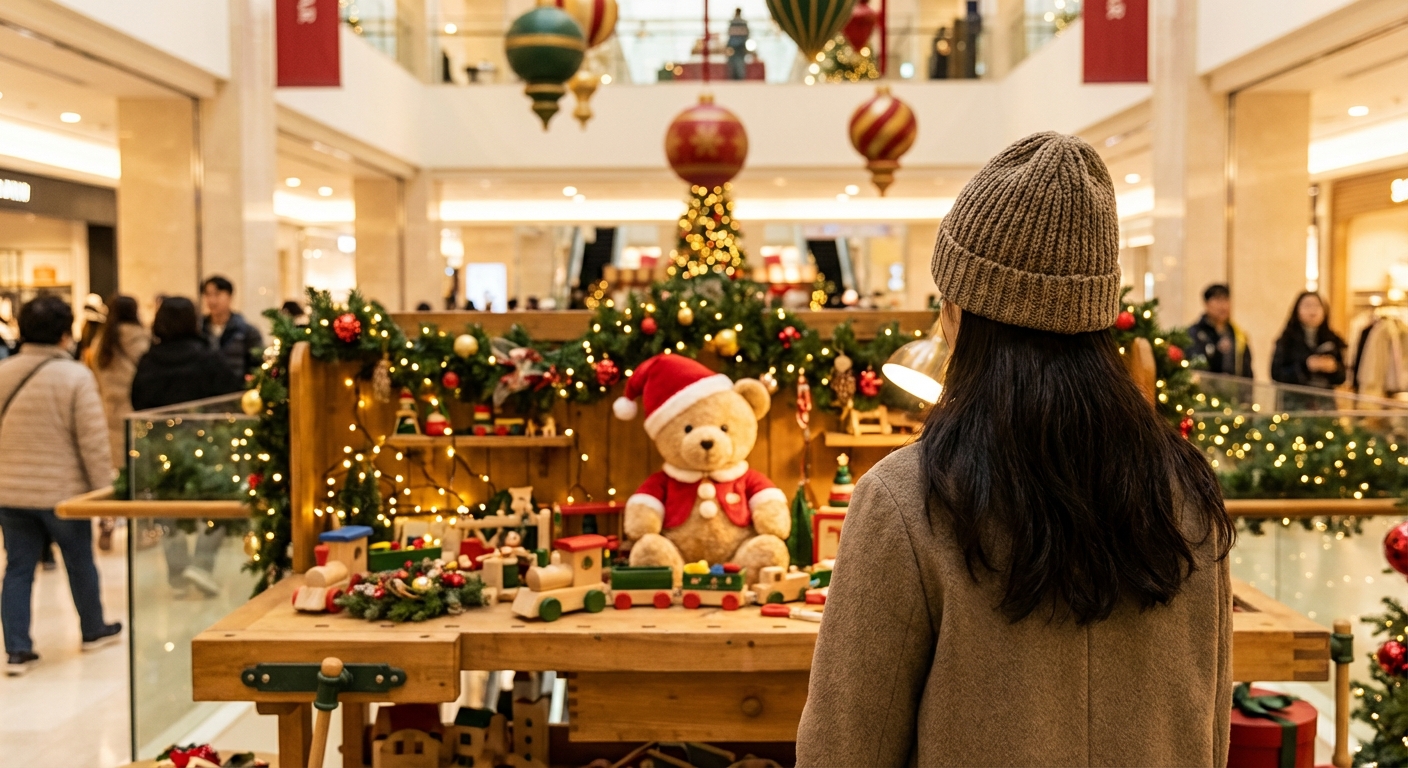 백화점 내 크리스마스 공방 테마 장식 앞에서 귀여운 곰돌이 캐릭터를 바라보는 한국인 성인의 뒷모습.