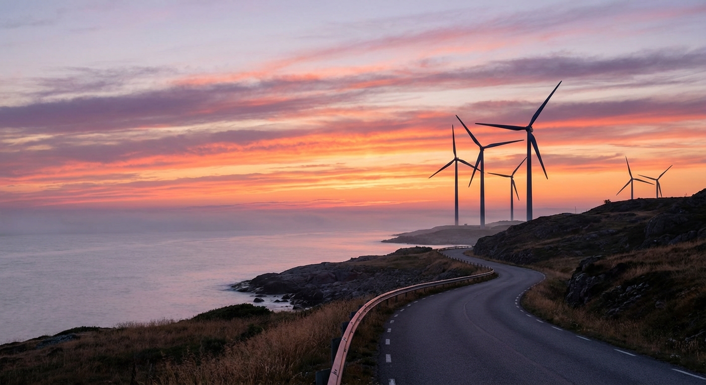 드넓은 잔잔한 바다 위로 펼쳐지는 다채로운 일출 하늘을 배경으로 실루엣을 이룬 풍력 발전기와 해안 도로