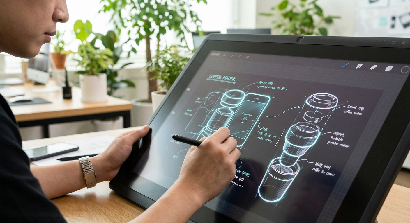 디자인 스튜디오에서 한 디자이너가 디지털 태블릿에 미래형 휴대용 커피 머신 컨셉 아트를 스케치하고 있는 손을 클로즈업한 이미지.