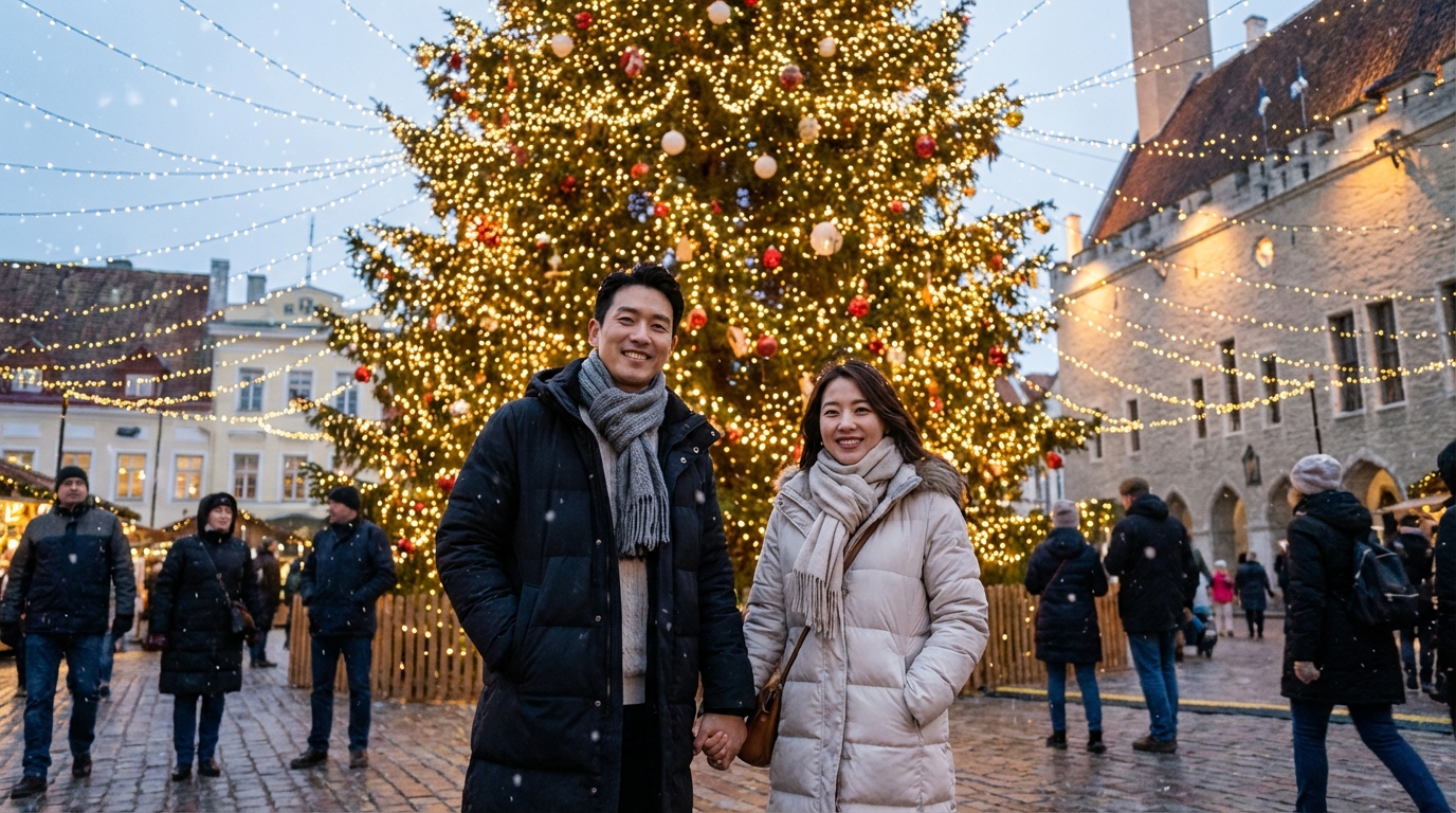 의정부 크리스마스 데이트 코스 추천: 겨울 낭만 가득한 야경 명소 & 실내 데이트 완벽 가이드 3 시내 광장의 거대한 크리스마스트리 앞에서 포즈를 취하고 있는 연인