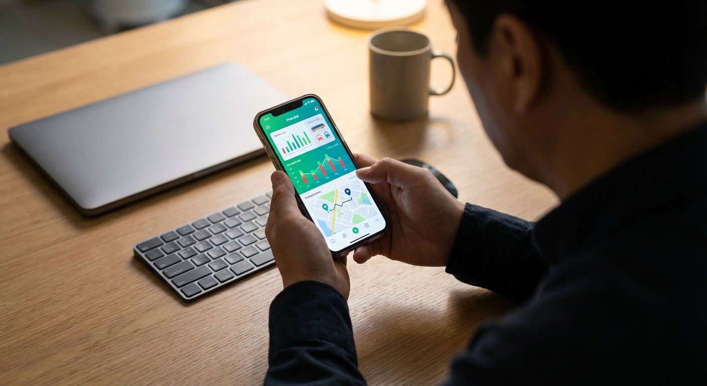 현대적인 사무실 책상 위에서 금융 또는 교통 앱이 실행 중인 스마트폰을 들고 있는 한국인 성인의 모습