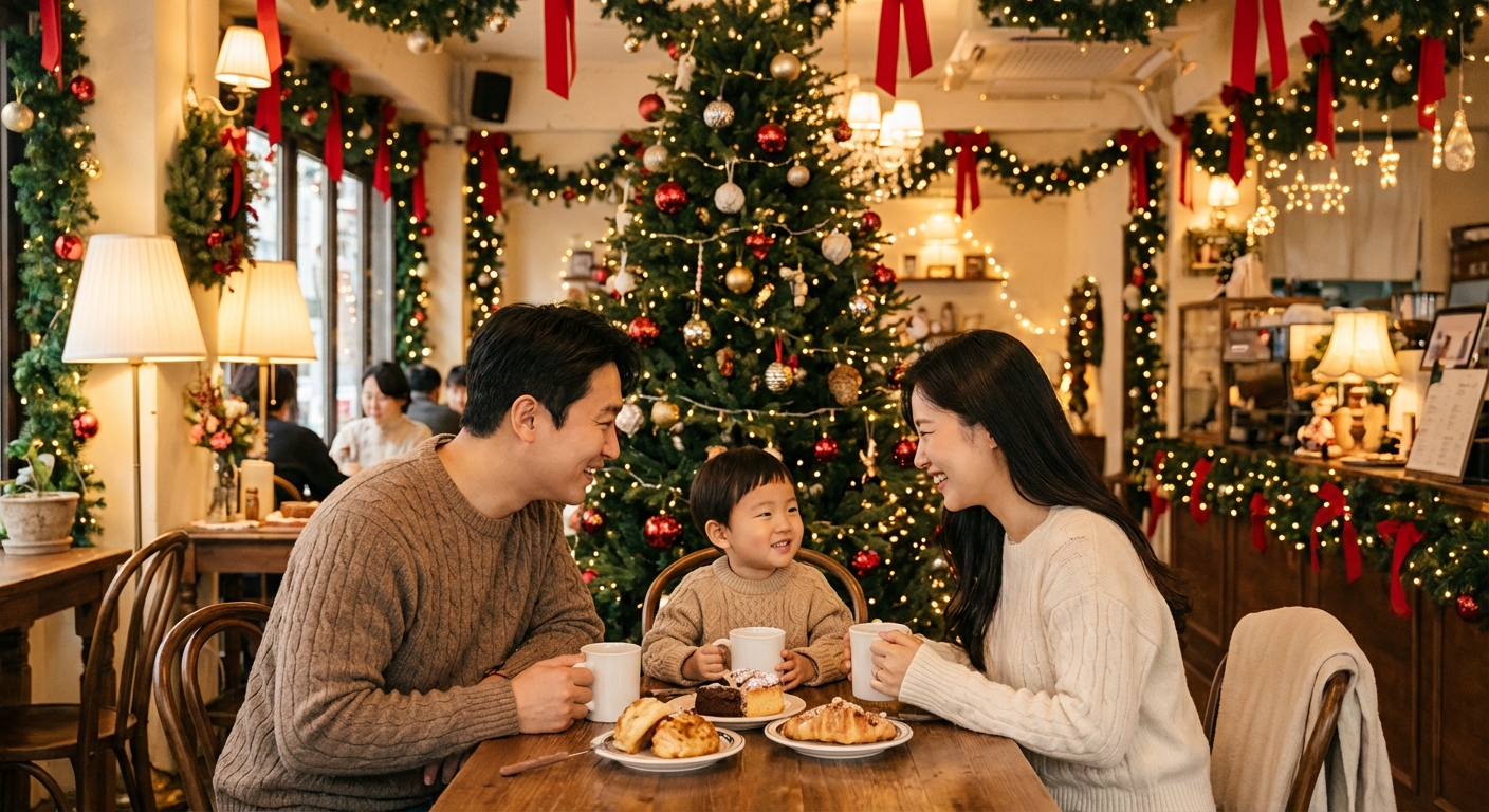 크리스마스 장식으로 꾸며진 아늑한 카페에서 한국인 가족이 테이블에 앉아 서로를 보며 미소 짓는 모습
