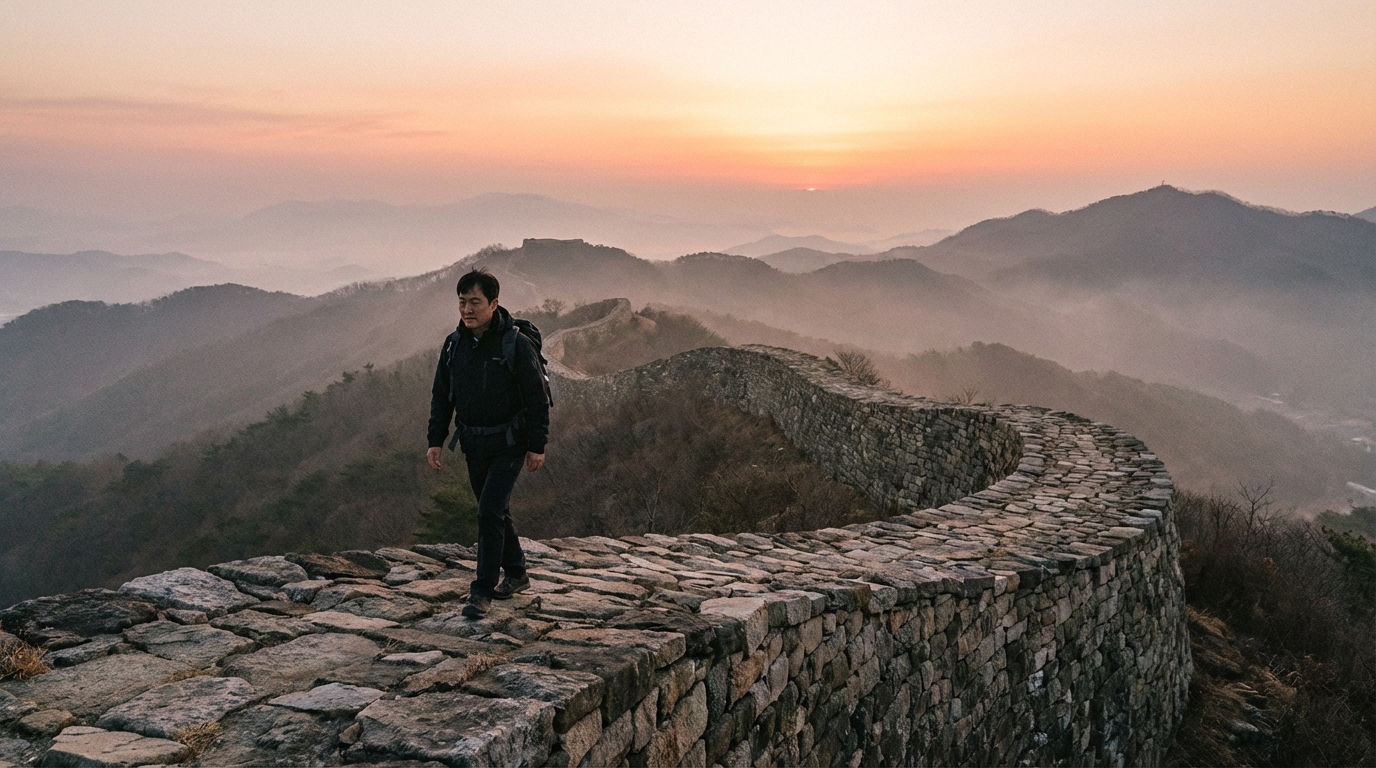 유네스코 세계유산 남한산성의 고즈넉한 성곽 위로 해가 떠오르는 새벽 풍경