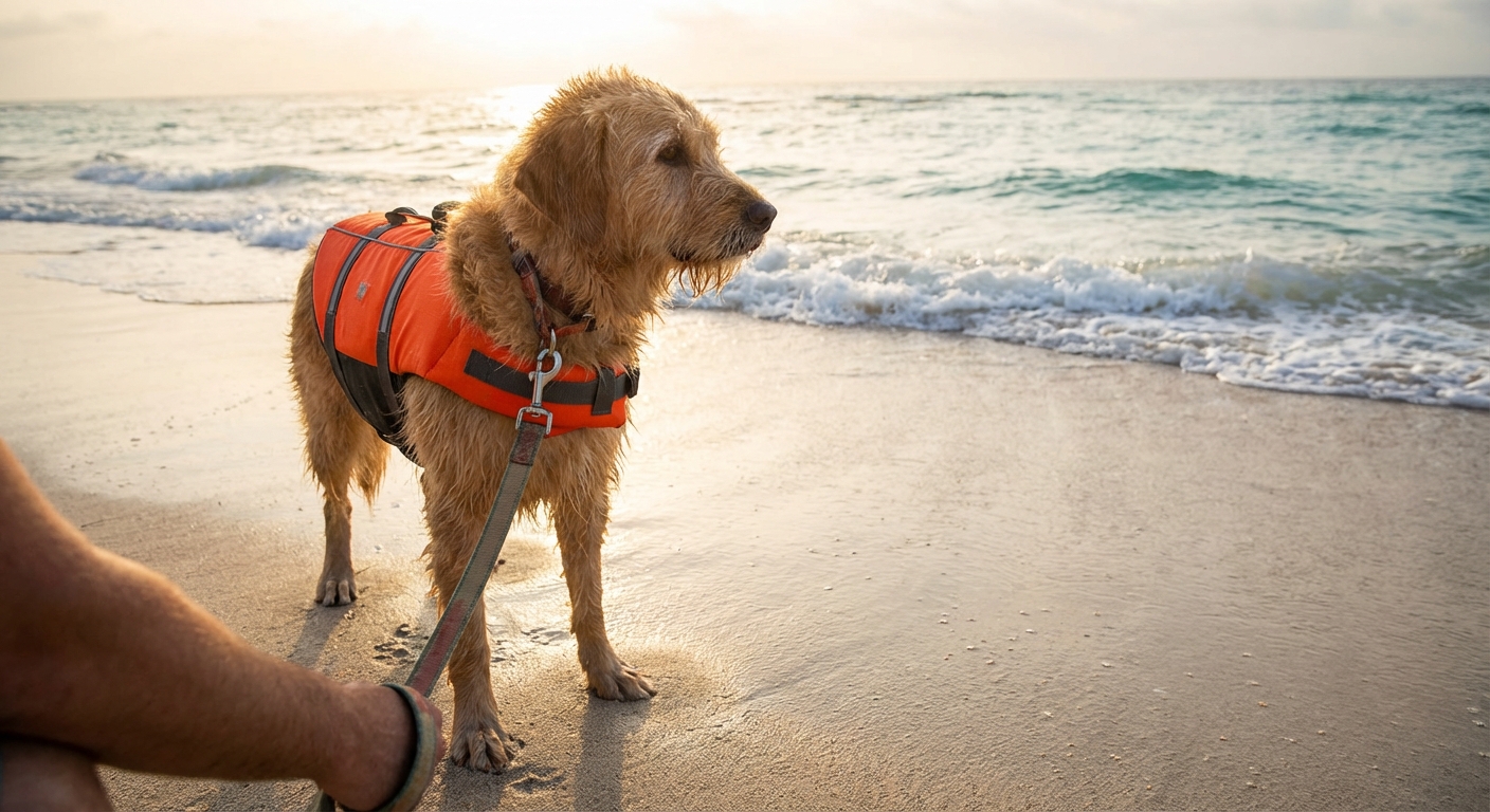 해변에서 주황색 구명조끼를 입고 파도를 바라보는 반려견의 모습, 사람이 목줄을 잡고 있다.