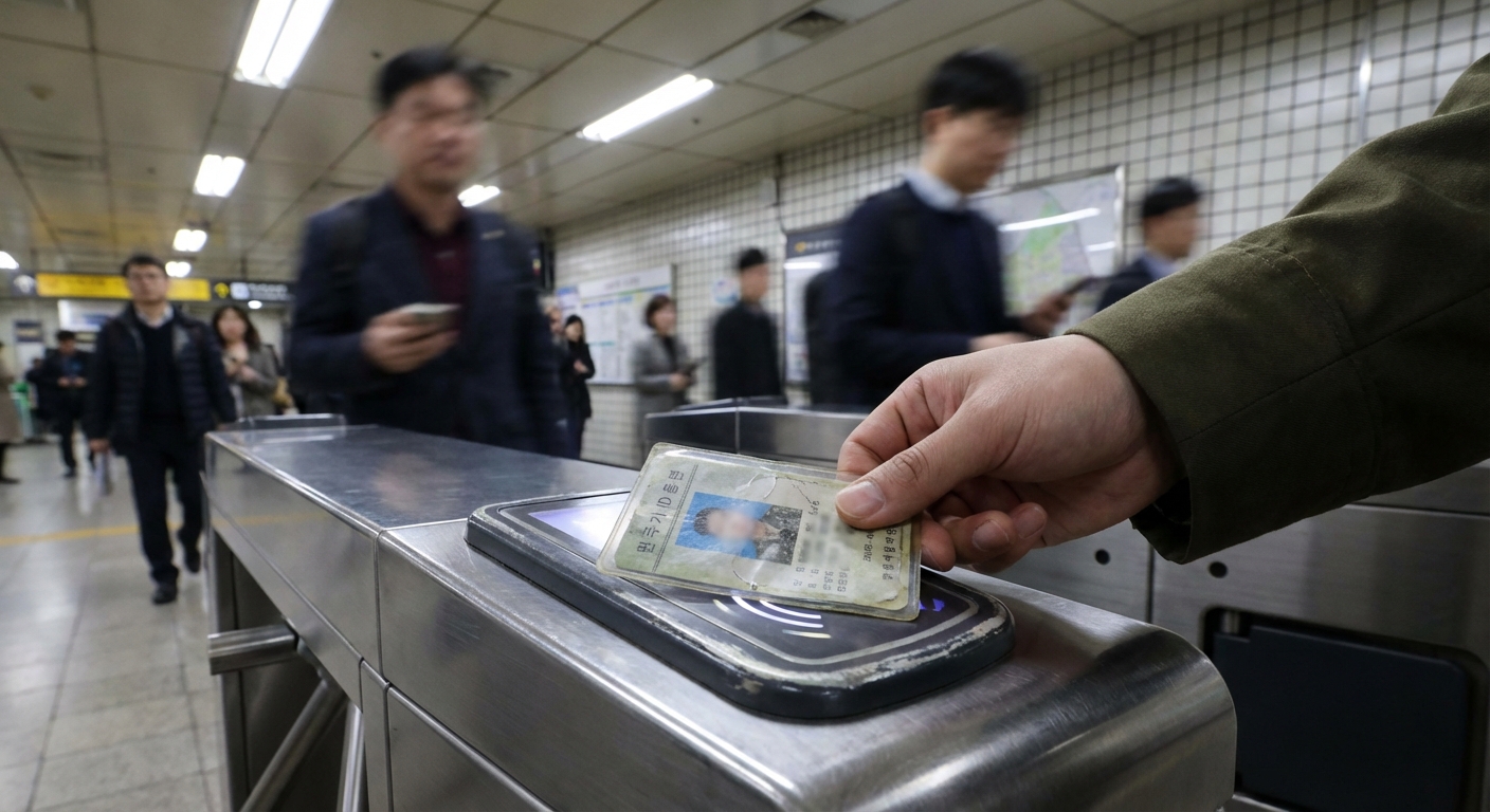 한 군인이 지하철 개찰구에 나라사랑카드를 태그하는 손 클로즈업.
