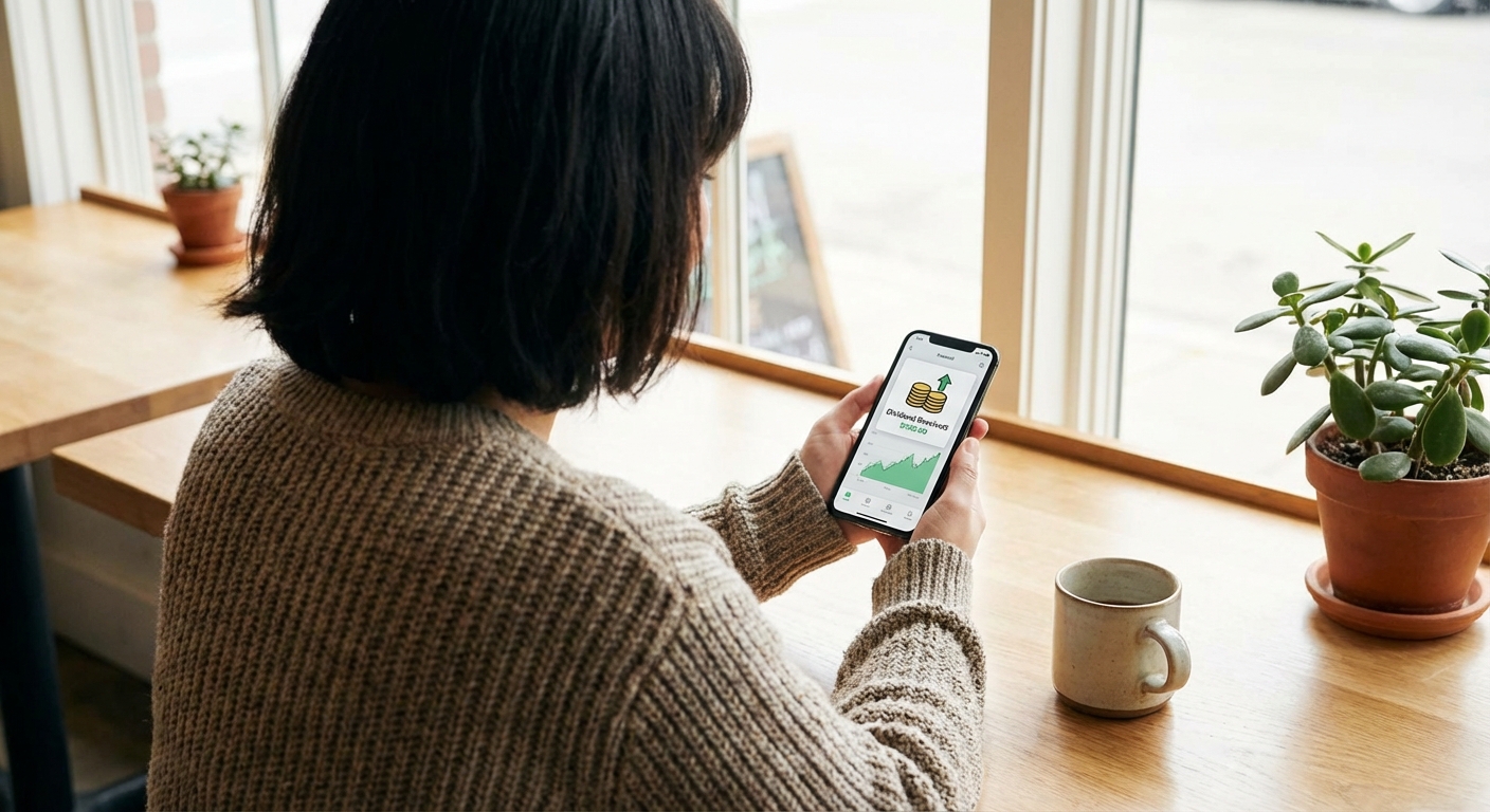 스마트폰으로 금융 앱에서 ETF 배당금 입금 알림을 확인하는 한국 성인의 손