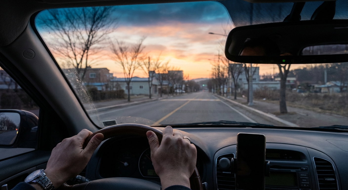 새벽녘 한적한 교외 도로를 운전하며 일출 직전의 하늘을 바라보는 한국인 성인의 손