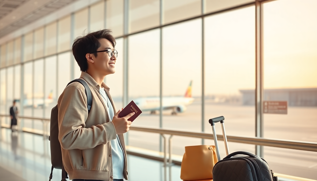 공항에서 비행기를 바라보며 행복하게 웃고 있는 젊은 한국인 커플
