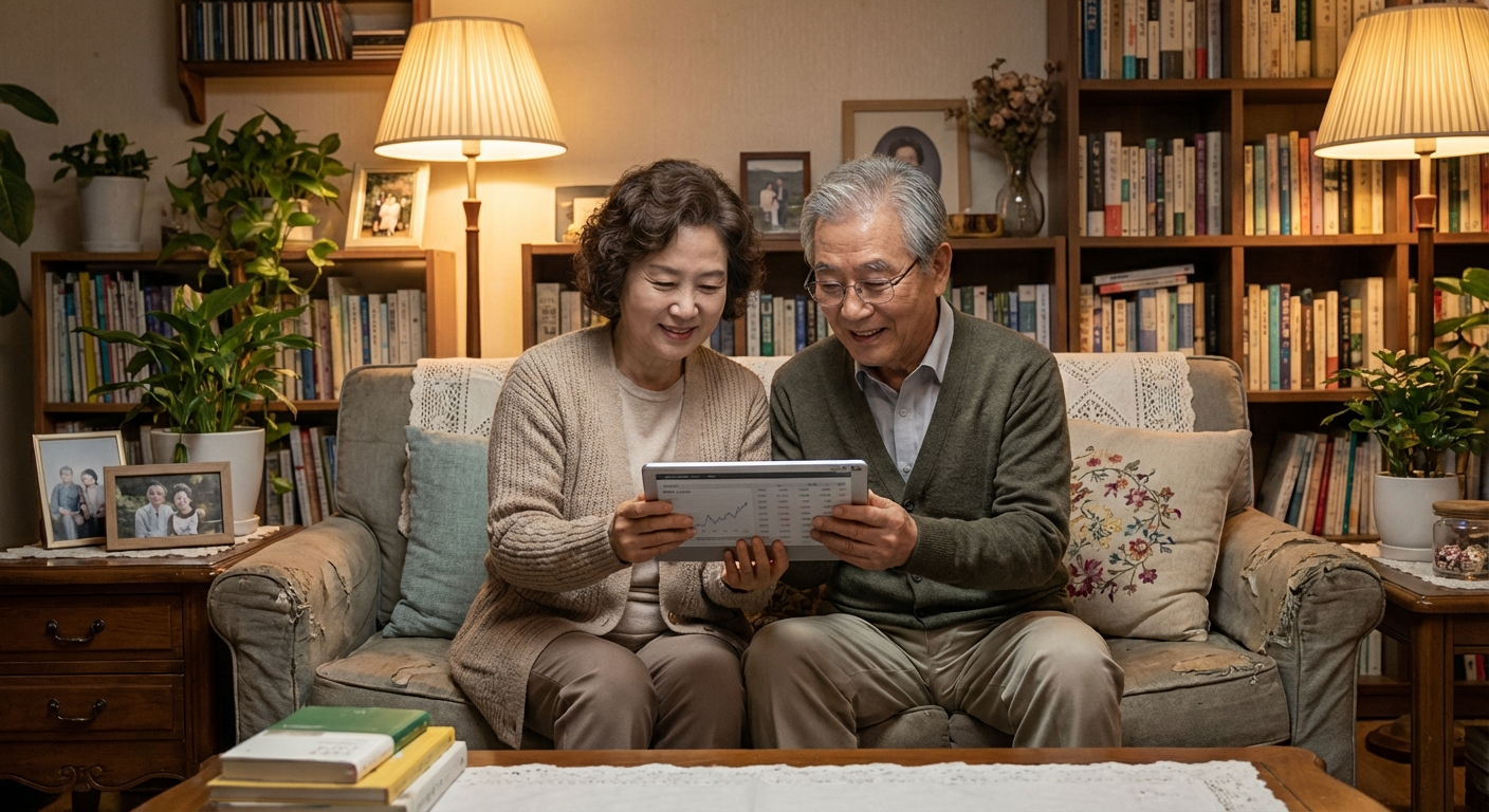 따뜻한 거실에서 태블릿으로 금융 내역을 확인하며 미소 짓는 노년 부부