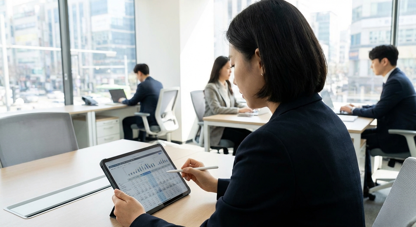 한국 성인이 태블릿 화면에서 금융 비교표를 검토하는 뒷모습 현대적인 사무실 배경.