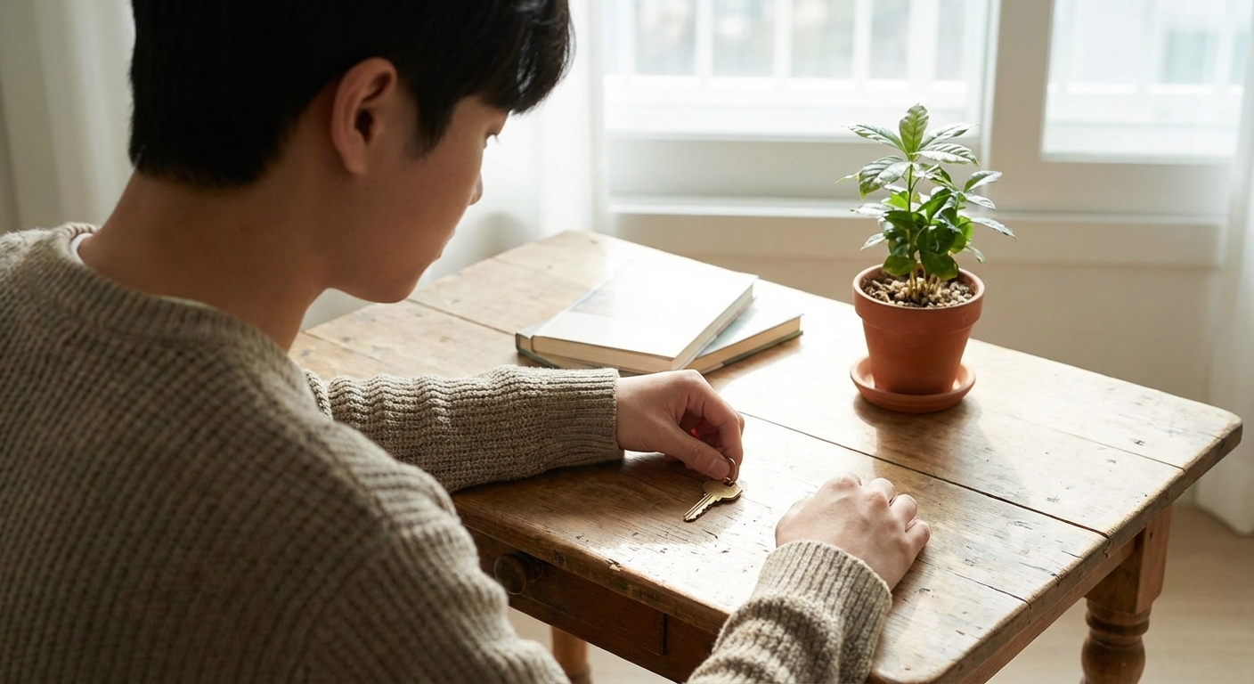 책상 위에 놓인 집 열쇠를 만지는 청년의 손