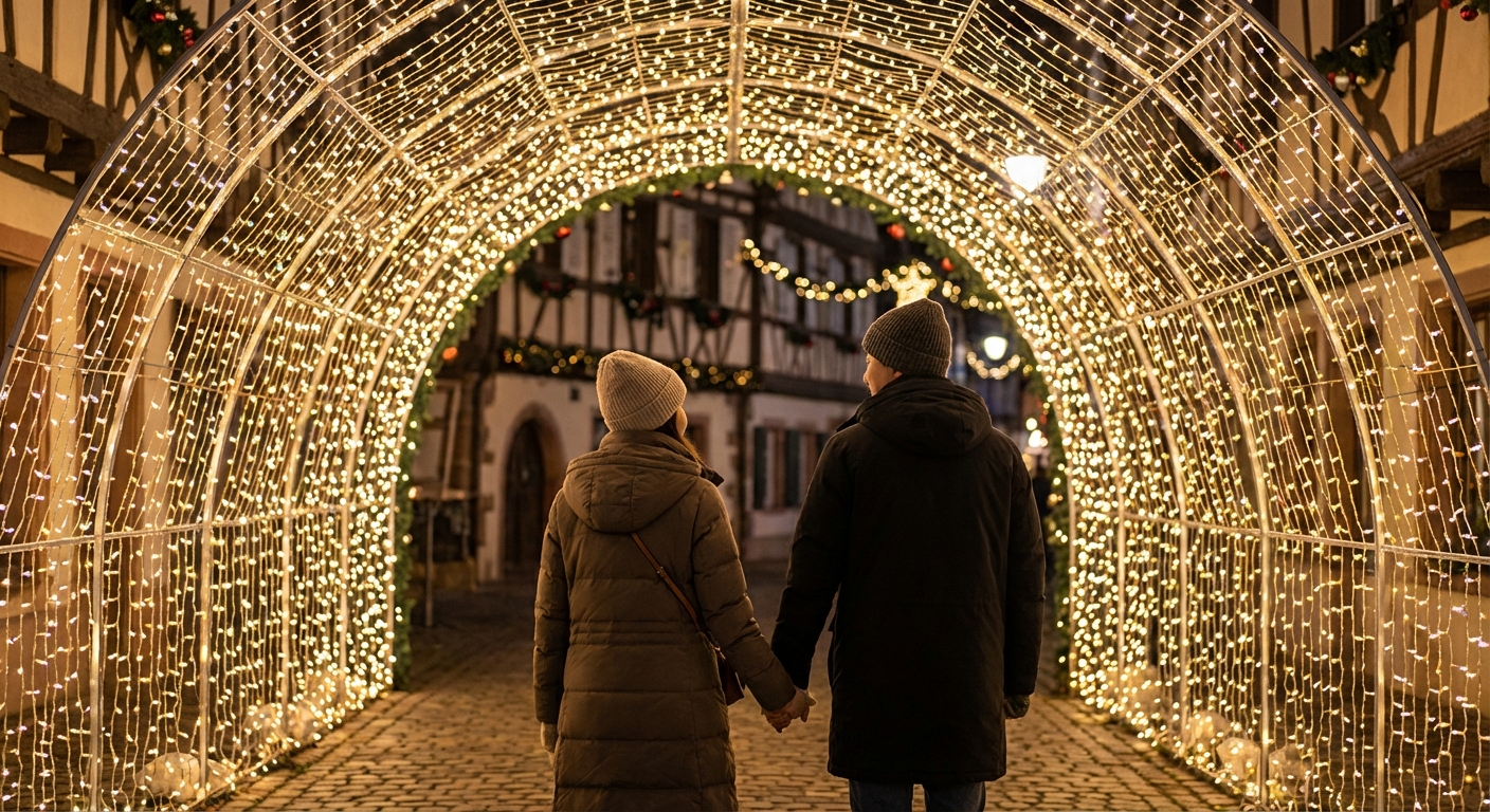 뒤에서 바라보거나 옆모습으로 보이는 한국인 커플이 손을 잡고 반짝이는 크리스마스 조명 아치 터널을 걷는 모습, 밤에 수많은 아치형 크리스마스 조명이 만들어내는 마법 같은 분위기의 로맨틱하고 부드러운 빛 속 리얼리스틱 에디토리얼 사진.