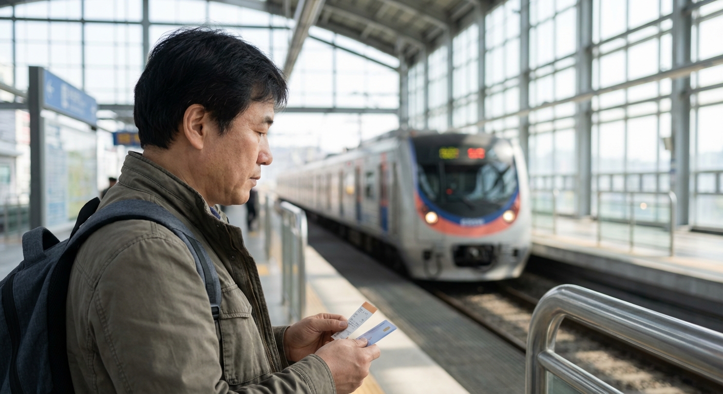 한 사람이 기차역 플랫폼에서 문화누리카드와 기차표를 들고 서 있는 모습.