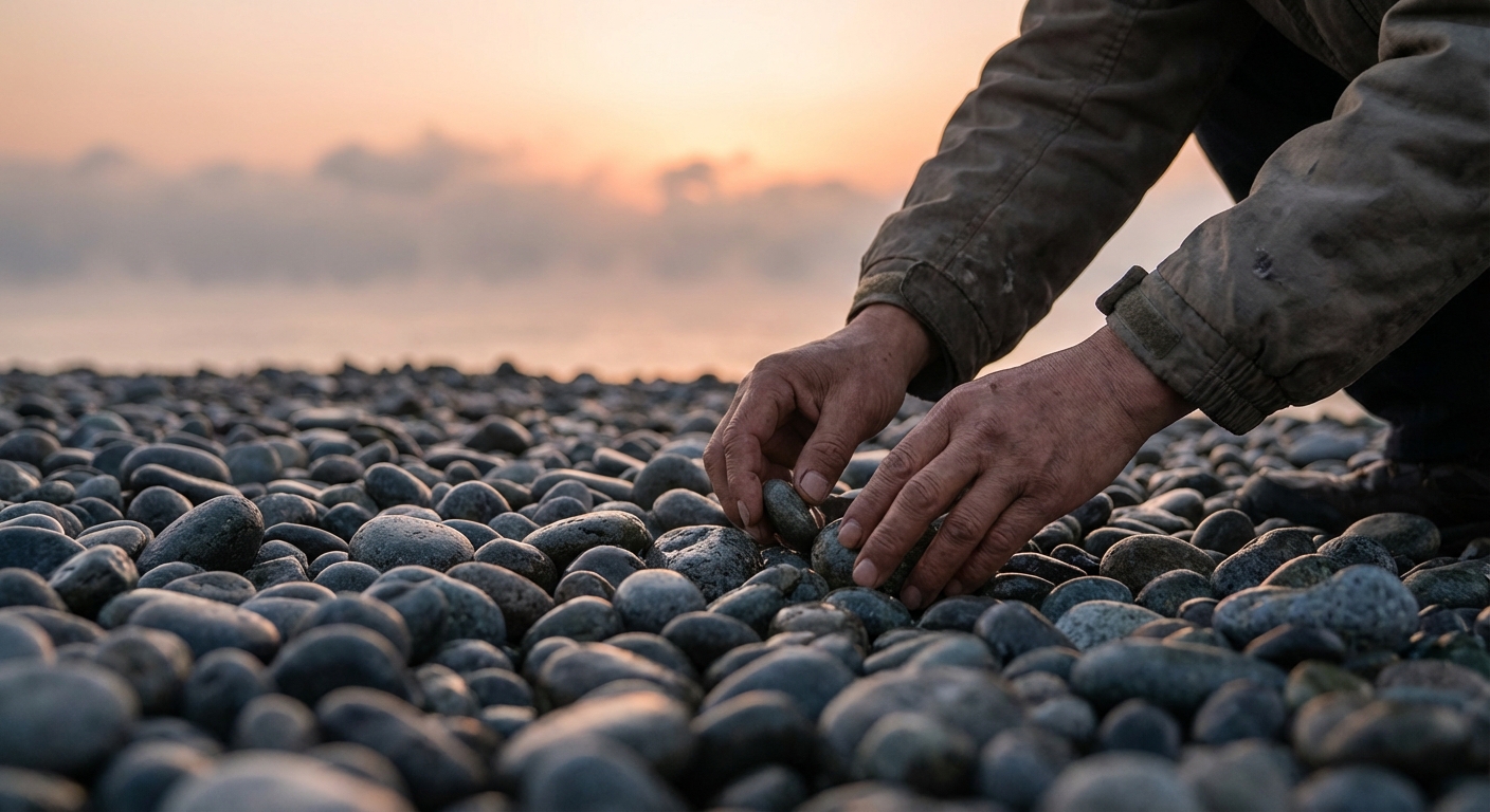 거제 해돋이 명소 비교: 해금강 vs 우제봉, 사자바위 vs 학동 몽돌해변, 최고의 일출 스팟은? 4 학동 몽돌해변에서 한국 성인의 손이 매끄러운 몽돌을 부드럽게 만지고, 멀리 수평선에는 일출의 부드러운 빛이 비치는 모습