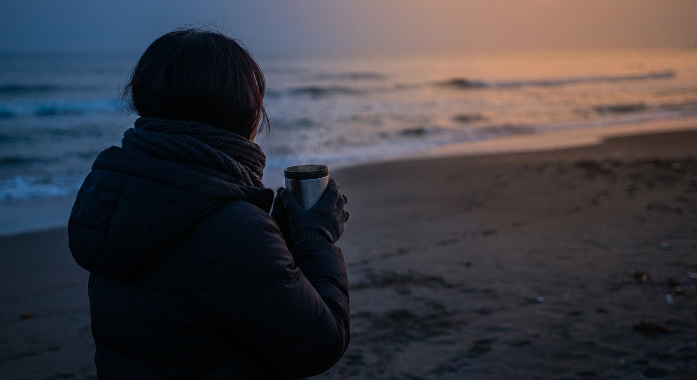 어두운 새벽 바다를 향해 따뜻한 옷차림으로 서 있는 한국인 성인의 뒷모습, 보온병을 들고 있음