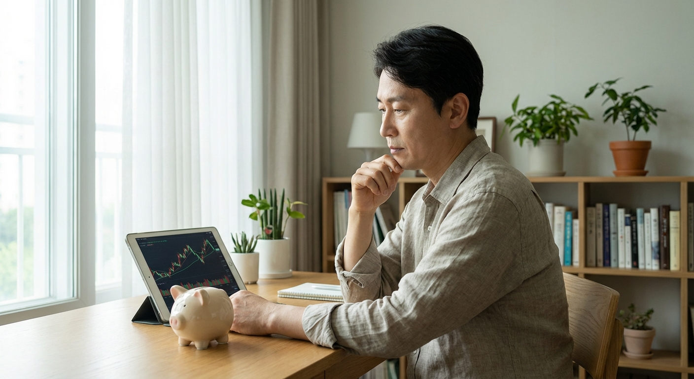 2026 연말정산 절세 팁, 세금 폭탄 피하는 법 4 한국 성인이 조용한 서재 책상 위 저금통을 사색적으로 바라보고 있고, 옆에는 금융 투자 그래프가 보이는 태블릿이 놓여있다.