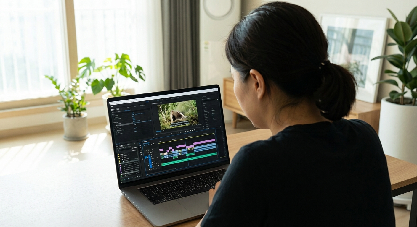 노트북 화면에서 영상 편집 소프트웨어를 사용하며 자막(SRT)이 보이는 영상을 편집하는 한국 성인의 뒷모습, 메타데이터 입력창이 보인다.