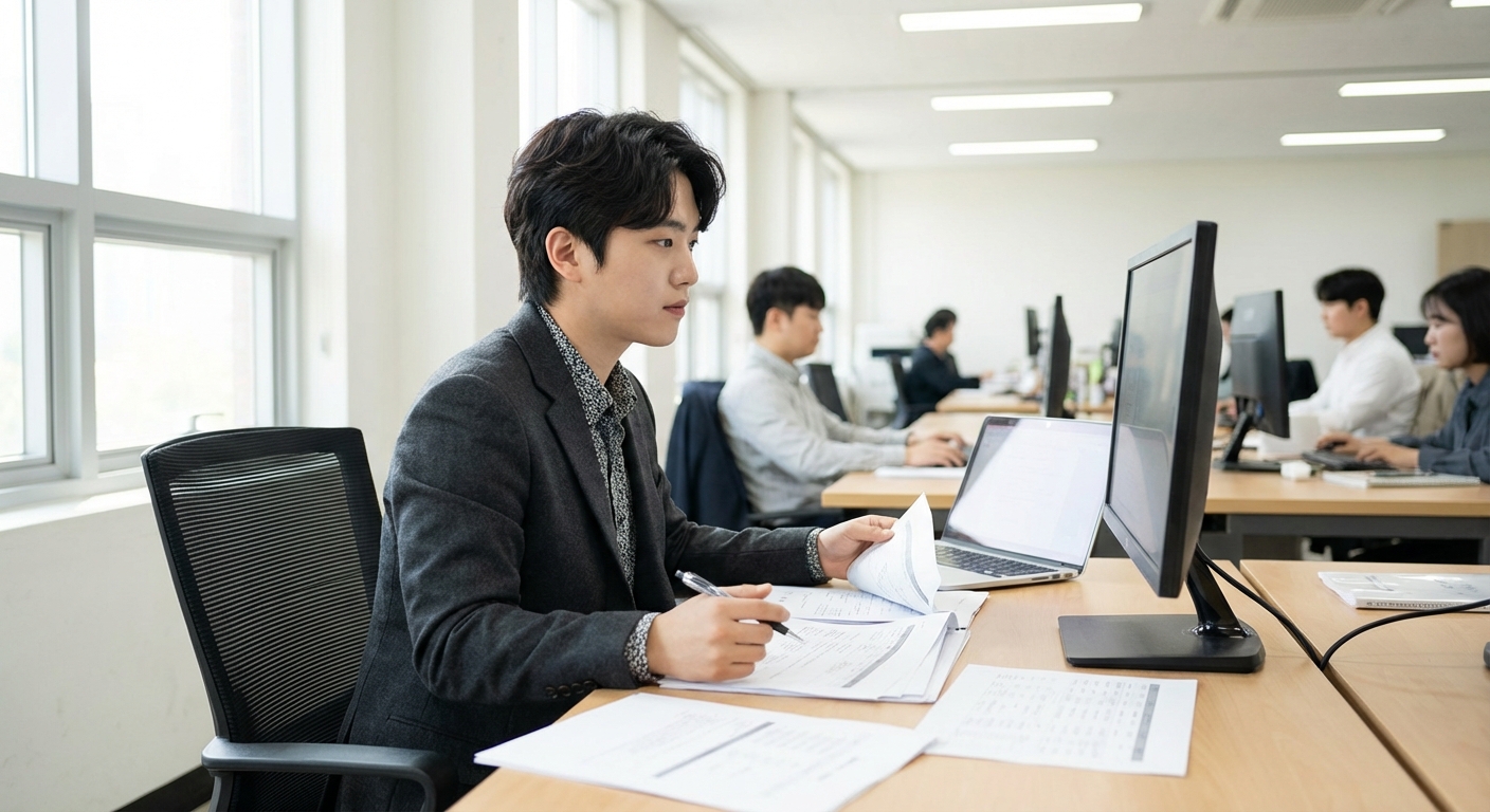 현대적인 사무실 책상에 앉아 문서와 노트북 화면을 보며 연봉 정보를 확인하는 한국인 사회초년생의 모습.