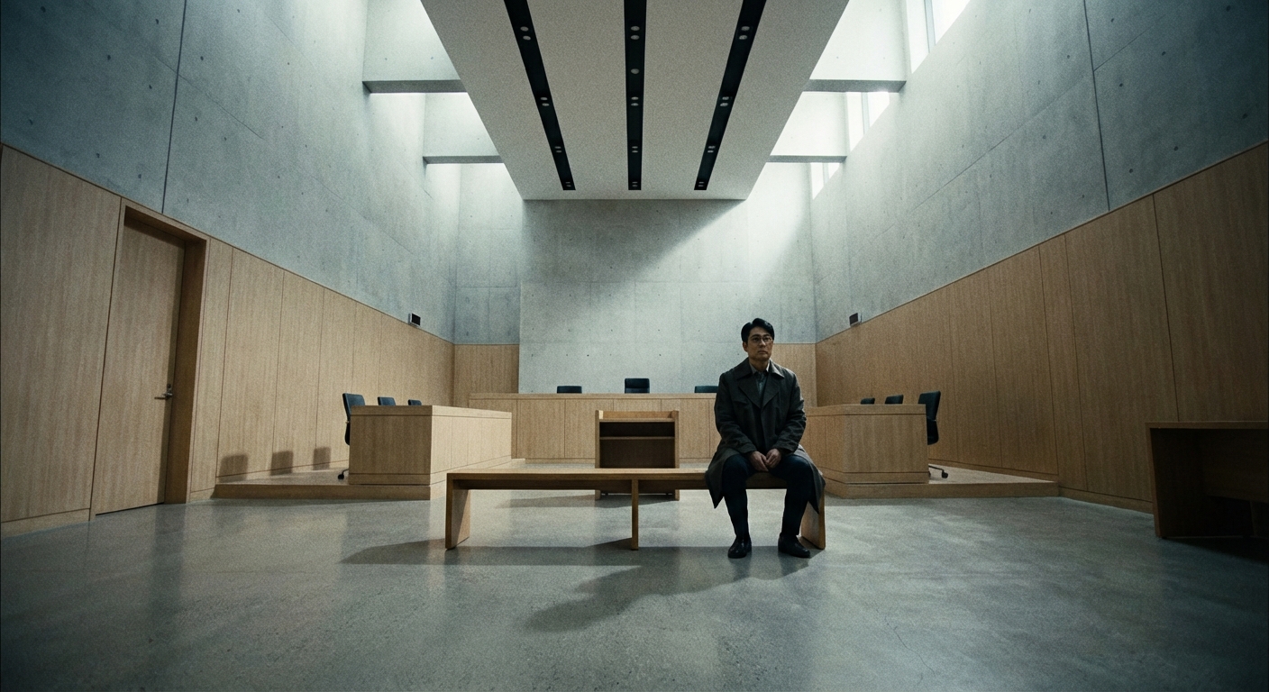 법정에 홀로 앉아있는 모습을 통해 부정사용 시 받게 되는 법적 처벌의 무거움을 암시하는 이미지
