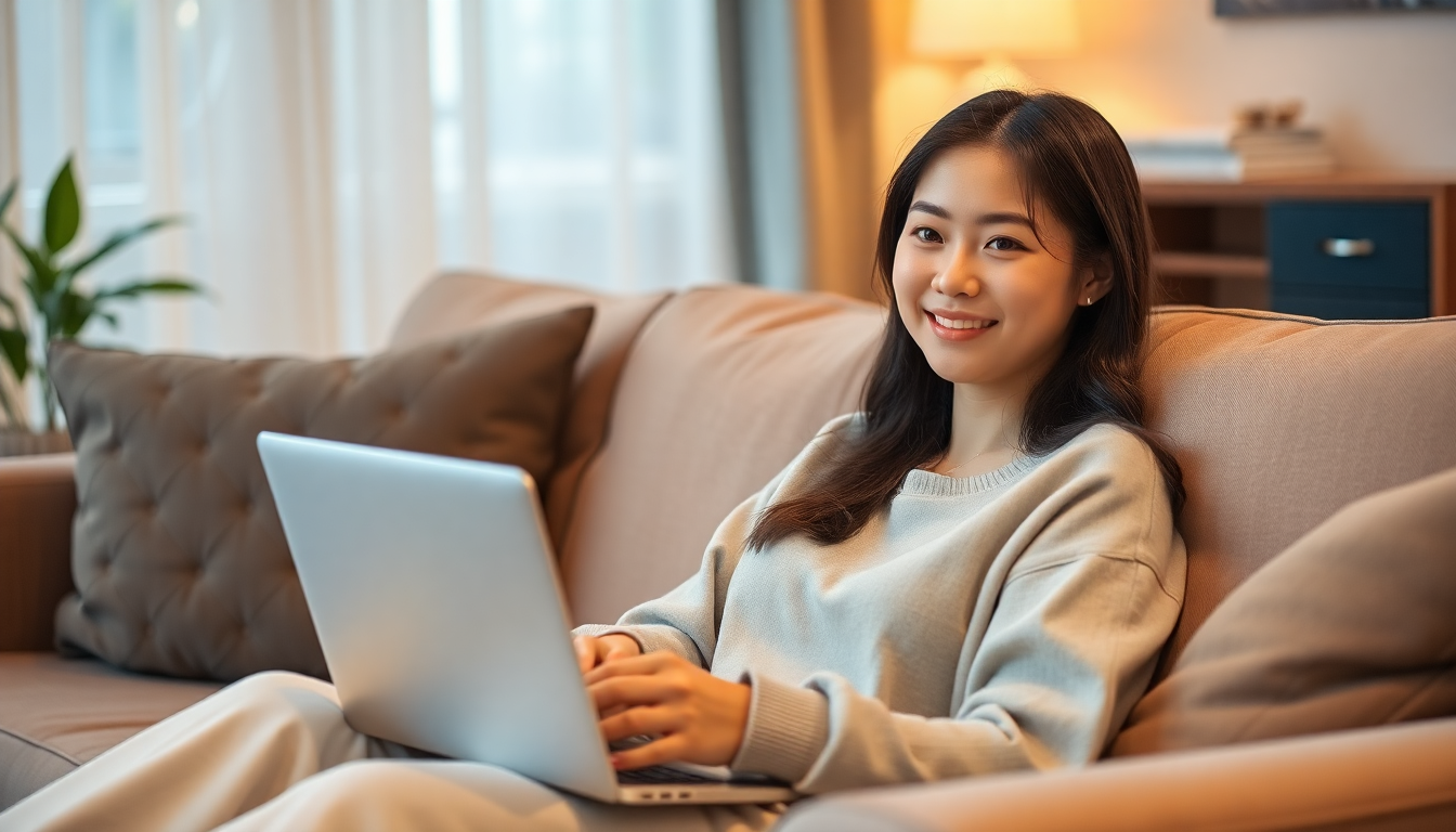 거실 소파에서 노트북으로 1대1 문의를 하며 만족스러운 표정을 짓는 여성