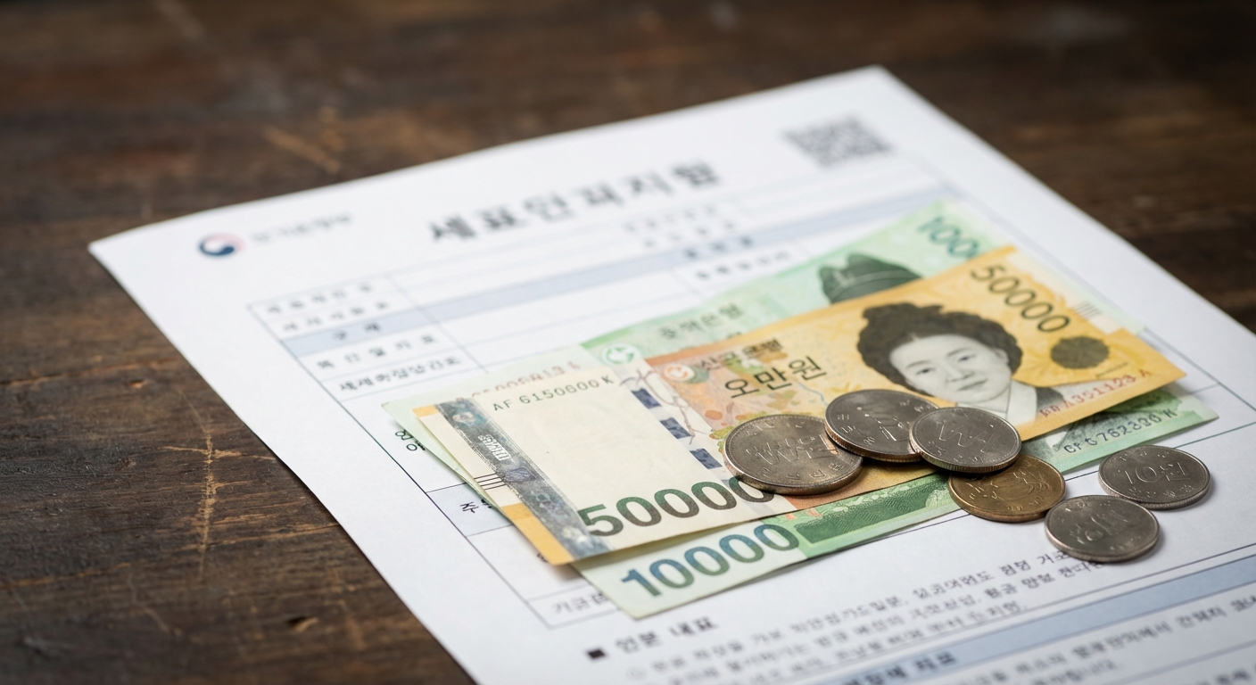 세금 및 4대 보험 공제 내역서 위에 놓인 한국 원화 지폐와 동전
