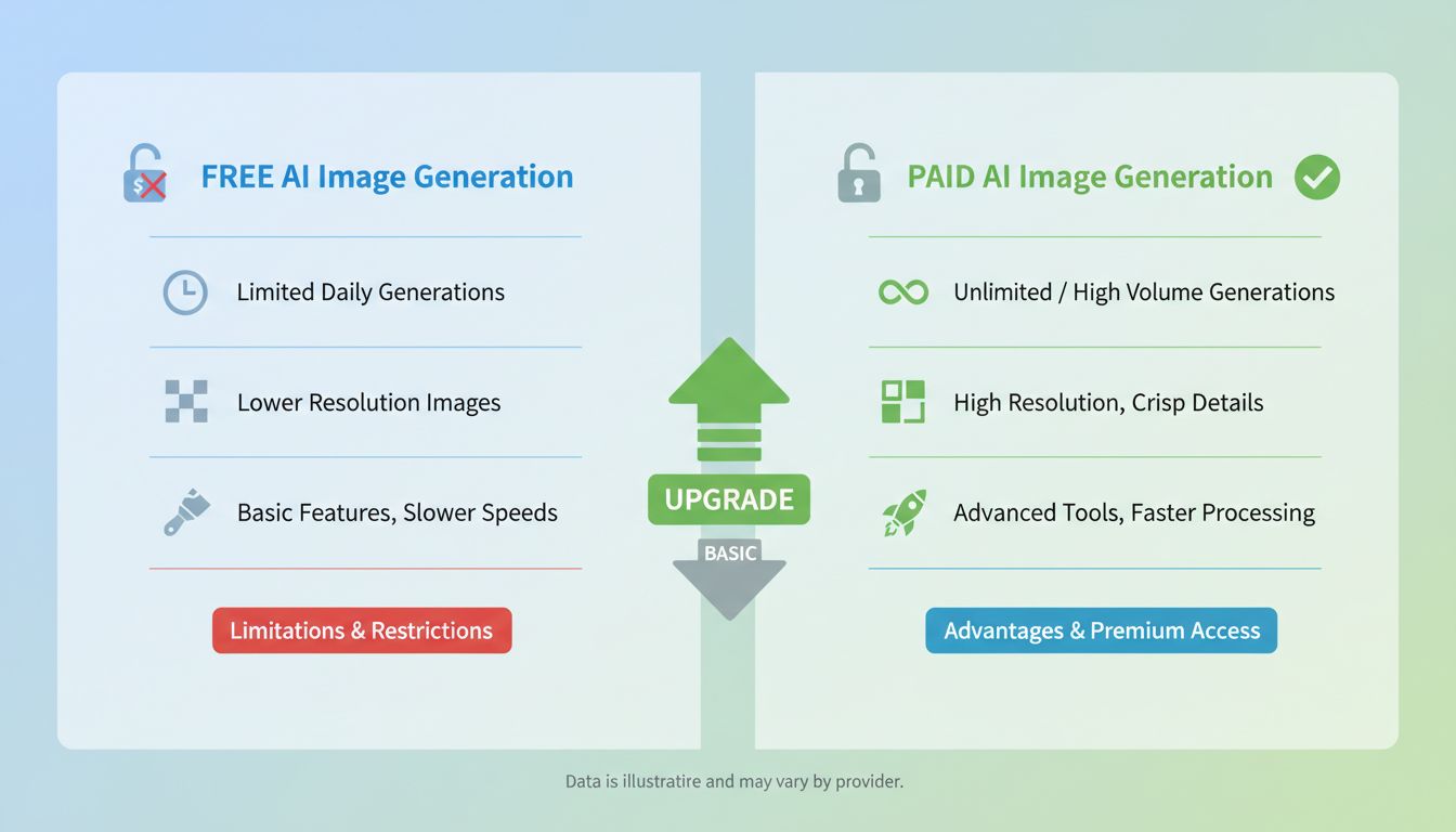 Comparison chart of free versus paid AI image generation plans showing features and limitations