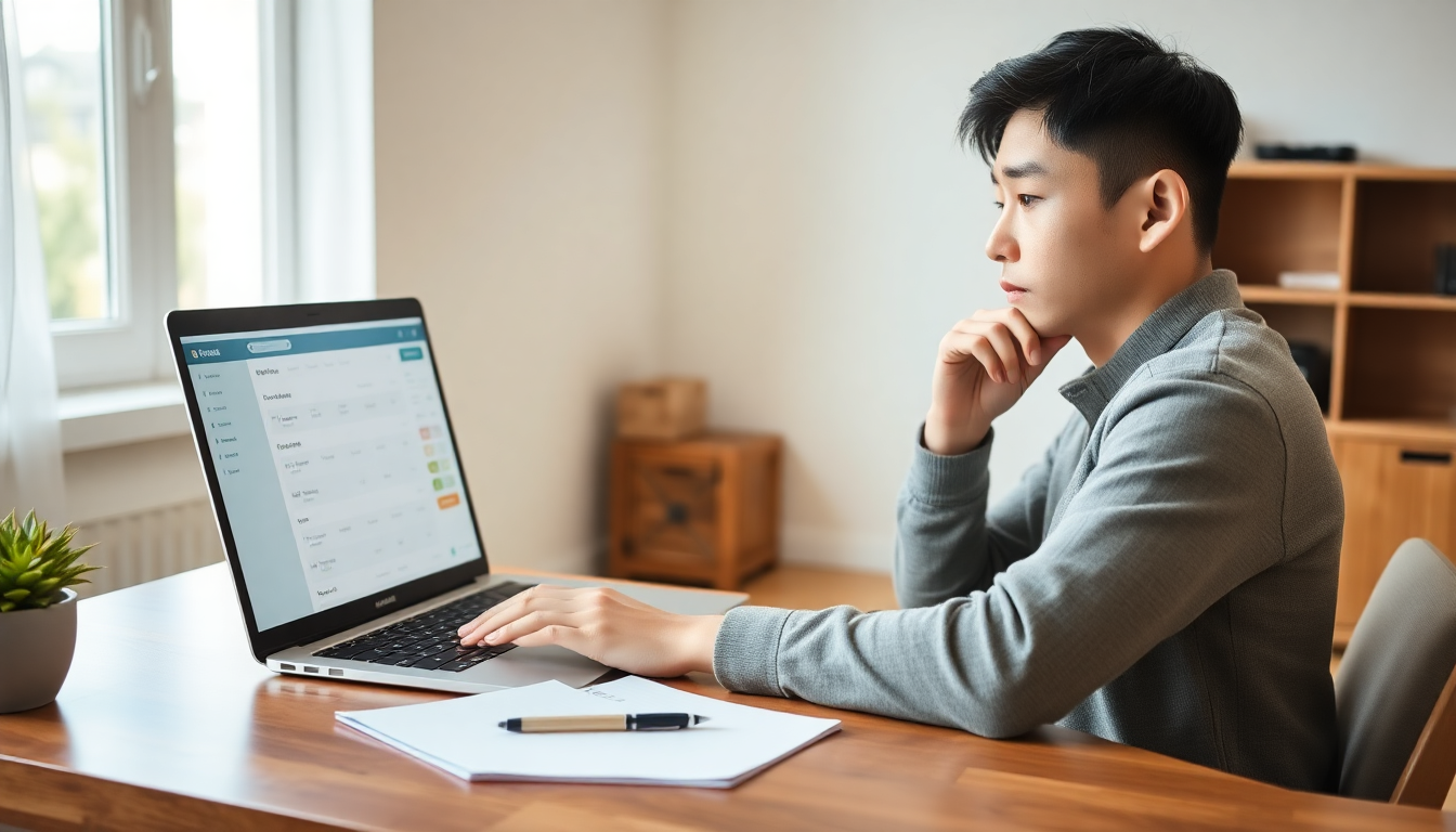 자신의 여행 스타일에 맞는 최적의 카드를 선택하기 위해 책상에 앉아 고민하는 남성