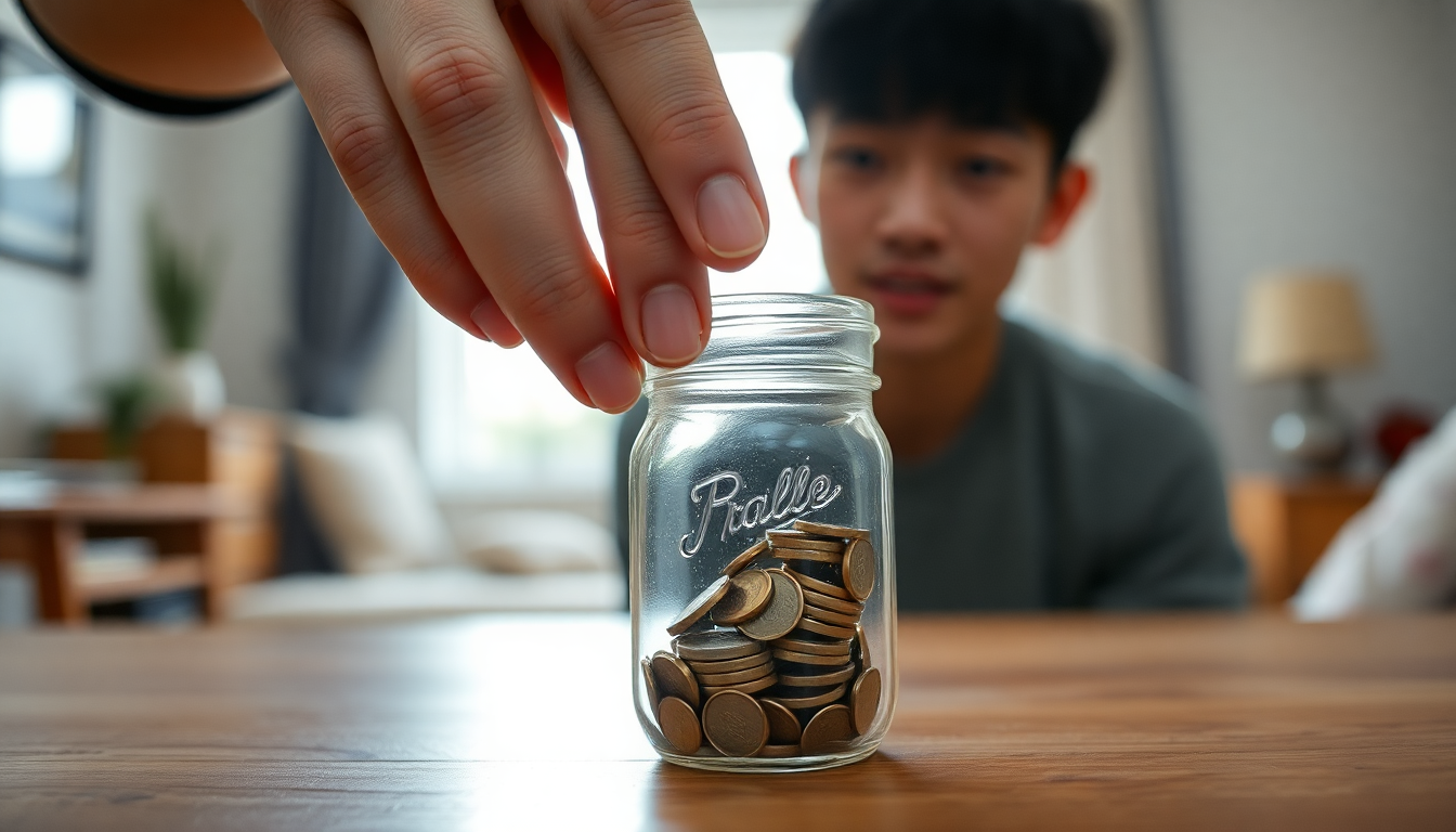 투명한 유리병에 동전을 넣으며 저축하는 손 클로즈업