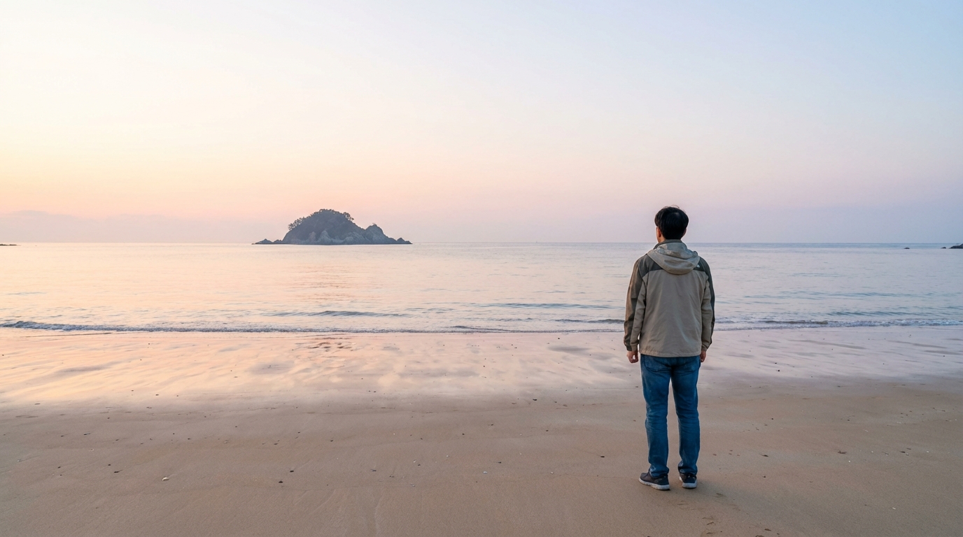 넓은 해변에서 차분하게 동해 바다와 멀리 문무대왕릉을 바라보는 한국인 성인의 뒷모습
