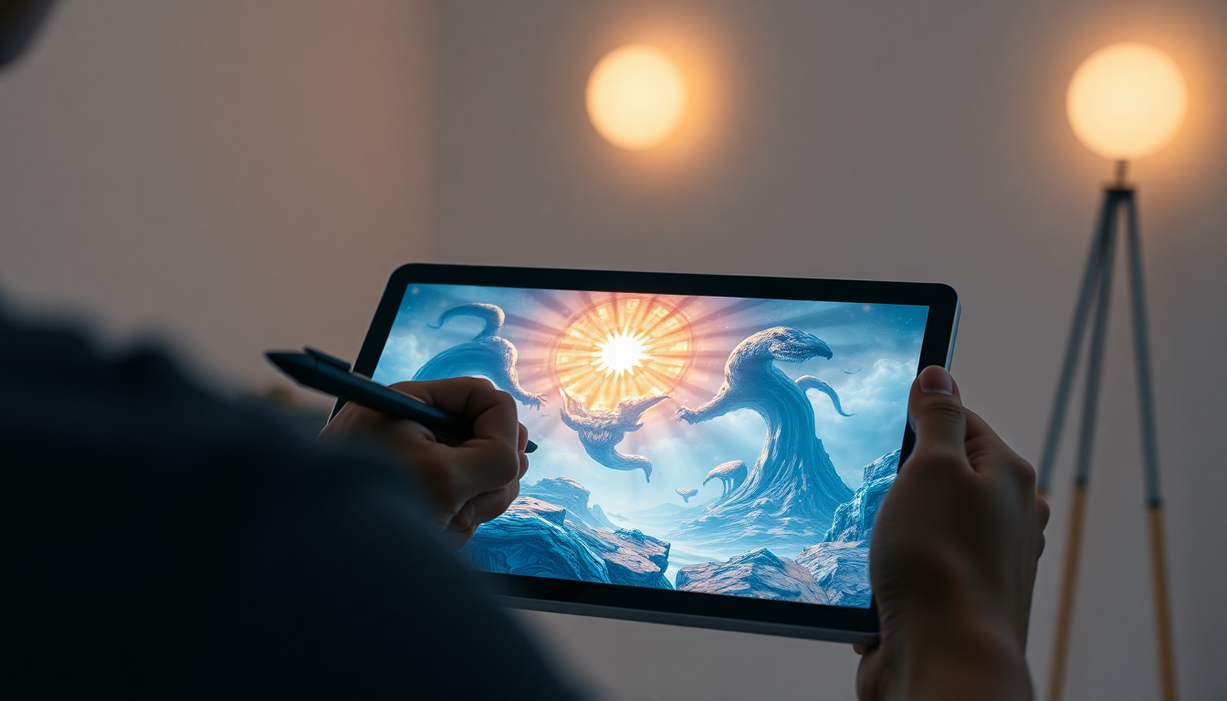 AI 이미지 편집 툴을 활용하여 태블릿 화면 속의 판타지 이미지를 스타일러스 펜으로 수정하고 있는 한 사람의 손 클로즈업.