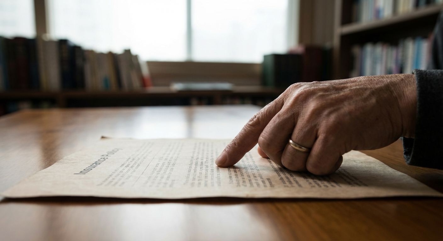 나무 책상 위 보험 약관 서류의 특정 조항을 손으로 가리키고 있는 모습.